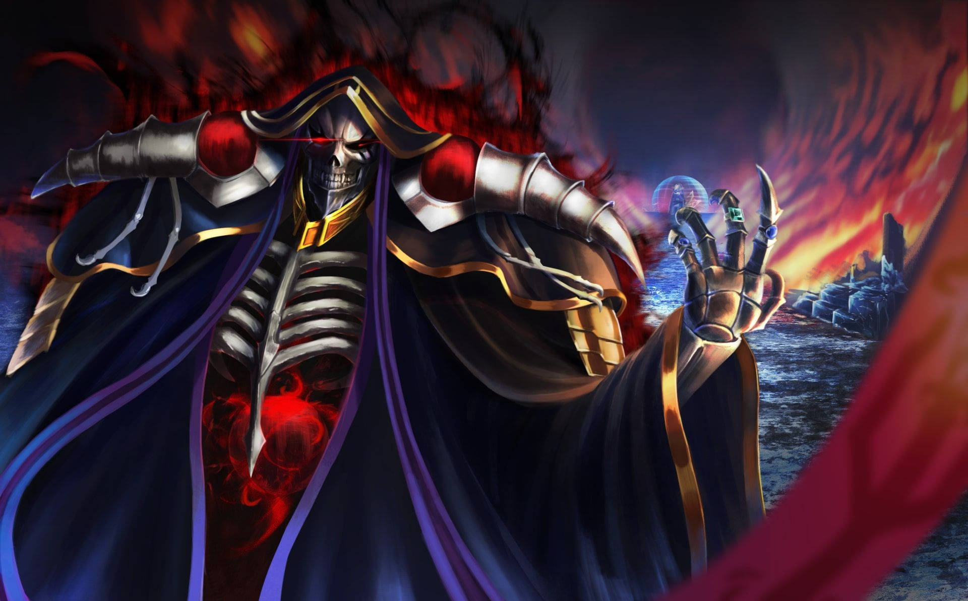 Overlord 桌布 壁紙 — 一個身穿華麗盔甲和紫色斗篷的骷髏黑暗領主，手持發光球體，背景是熾熱的末日天空。