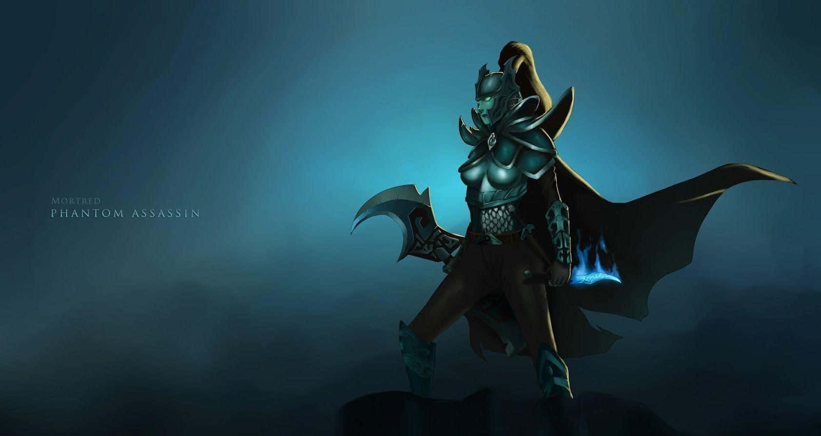 Rubick 桌布 壁紙 — 一個身穿華麗盔甲和飄逸斗篷的黑暗奇幻刺客，站在懸崖上，背景是憂鬱的藍色。