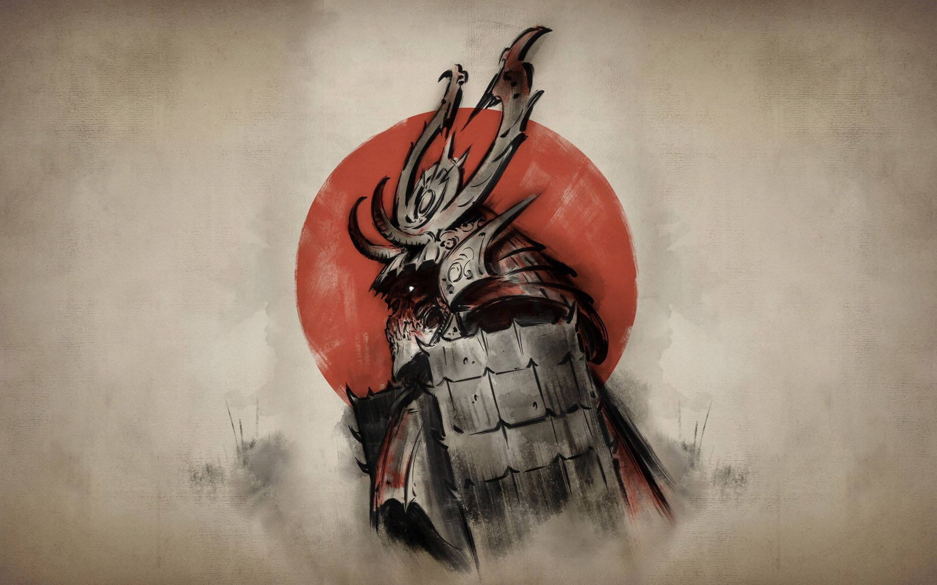 Samurai Art 桌布 壁紙 — 一個身穿華麗盔甲的威猛武士站在大膽的紅太陽前，背景是帶有紋理的米色。