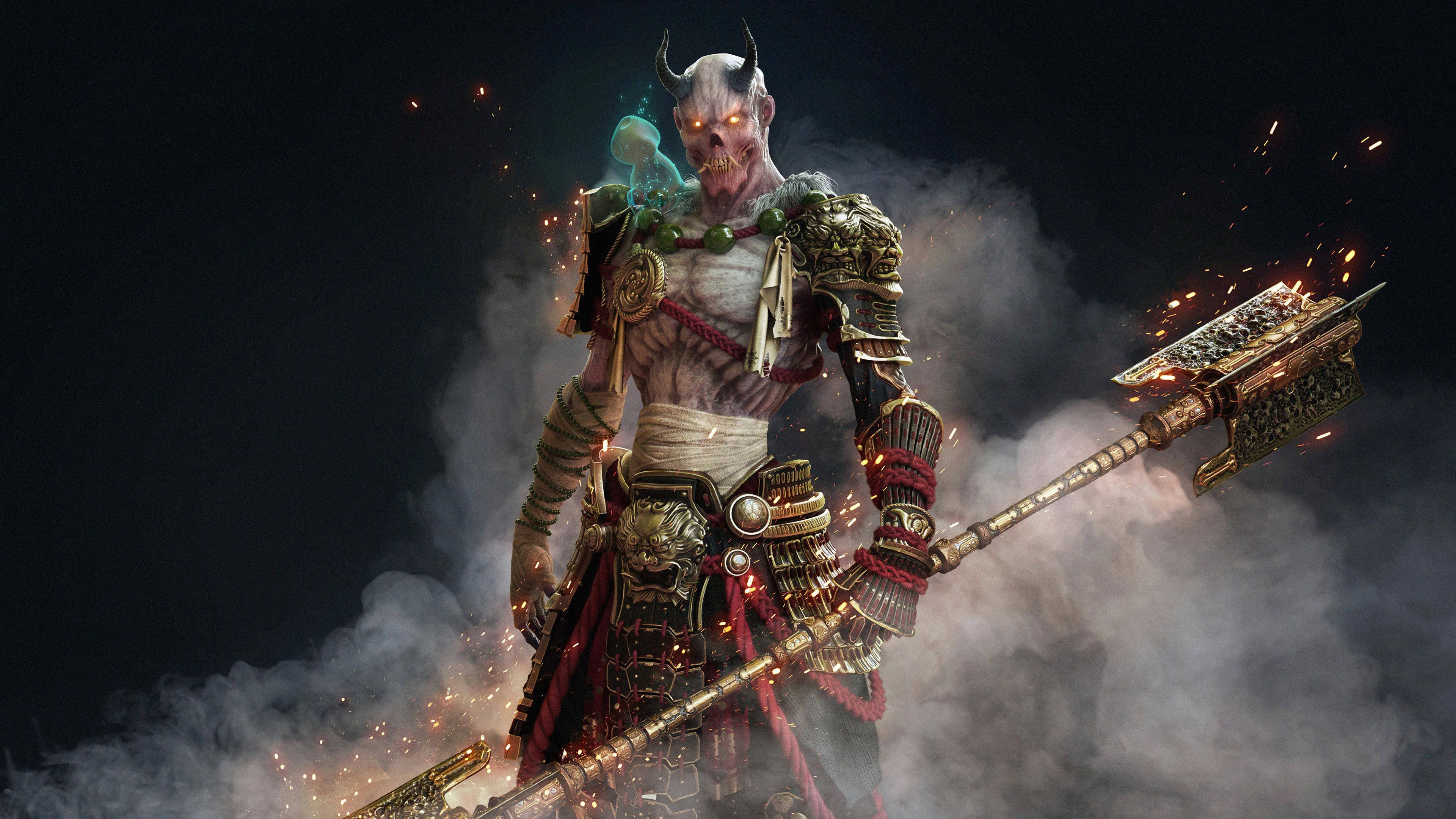 Oni 桌布 壁紙 — 一個身穿華麗盔甲的惡魔戰士，在黑暗背景下，煙霧和火花中揮舞著一把燃燒的長戟。