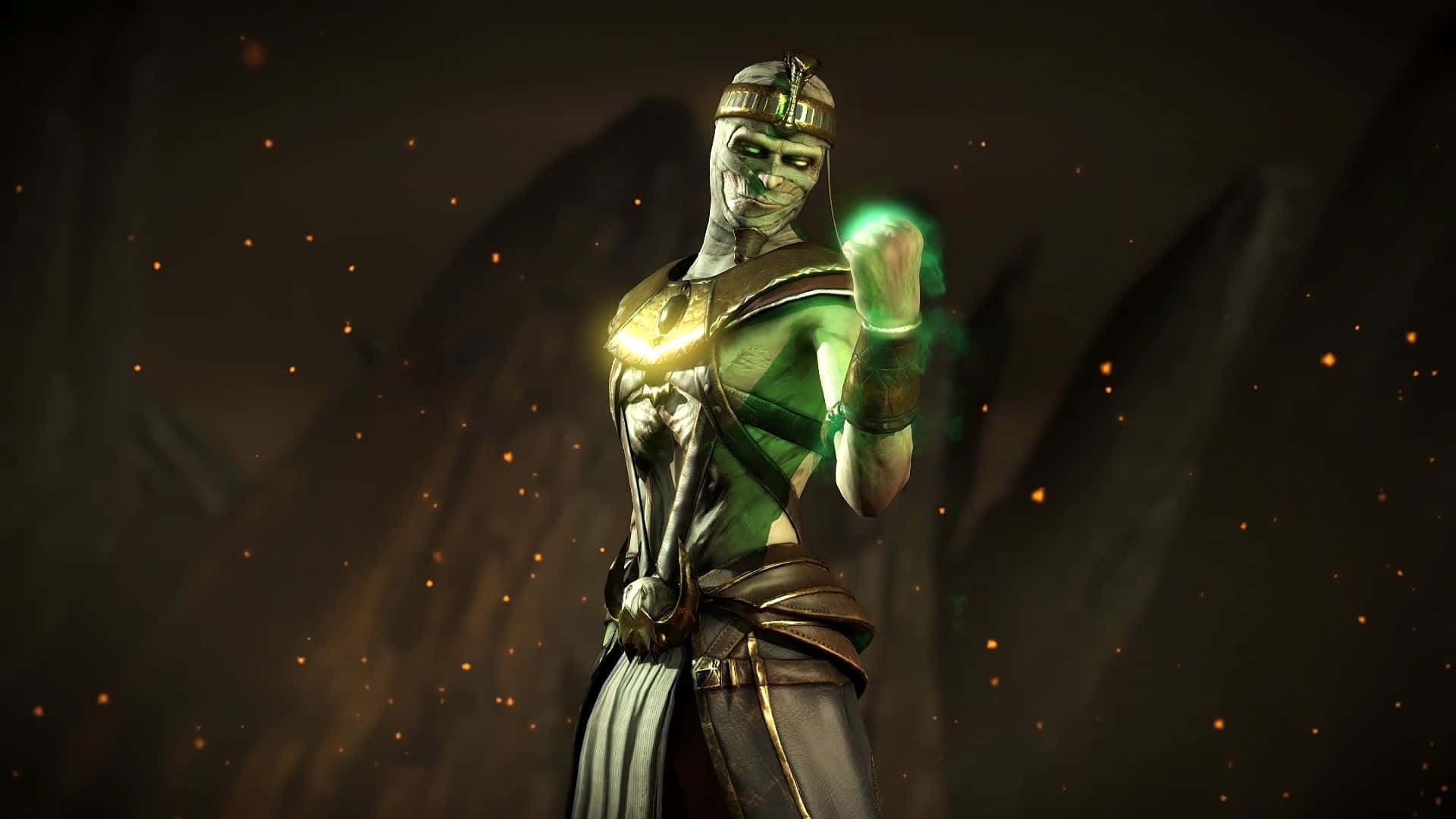 Mortal Kombat Ermac 桌布 壁紙 — 一個身穿華麗盔甲的骷髏戰士在黑暗洞穴般的環境中引導發光的綠色能量。