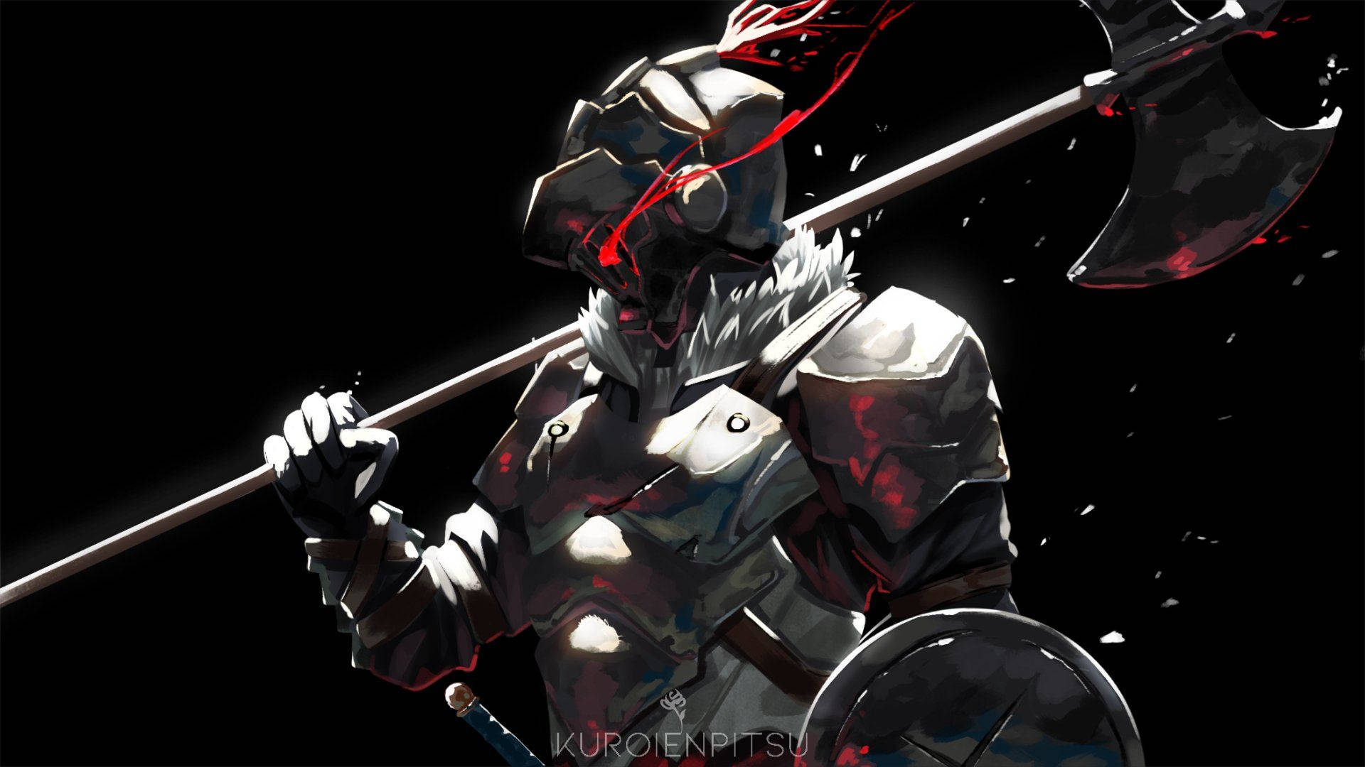Goblin Slayer 桌布 壁紙 — 一個身穿華麗盔甲的黑暗奇幻戰士，揮舞著一把血淋淋的斧頭，對抗一個有紅色條紋飛過的黑色虛空。