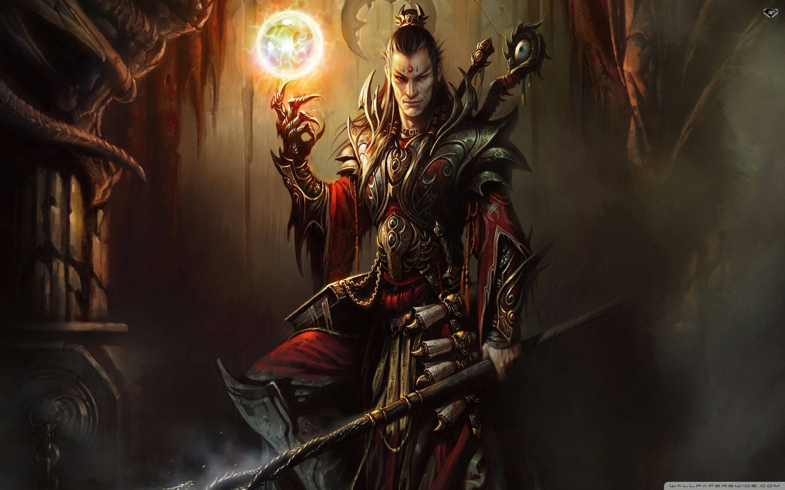 暗黑破壞神 桌布 壁紙 — 一個身穿華麗盔甲的黑暗奇幻戰士，站在陰暗的哥德式廢墟中，手持發光球體。