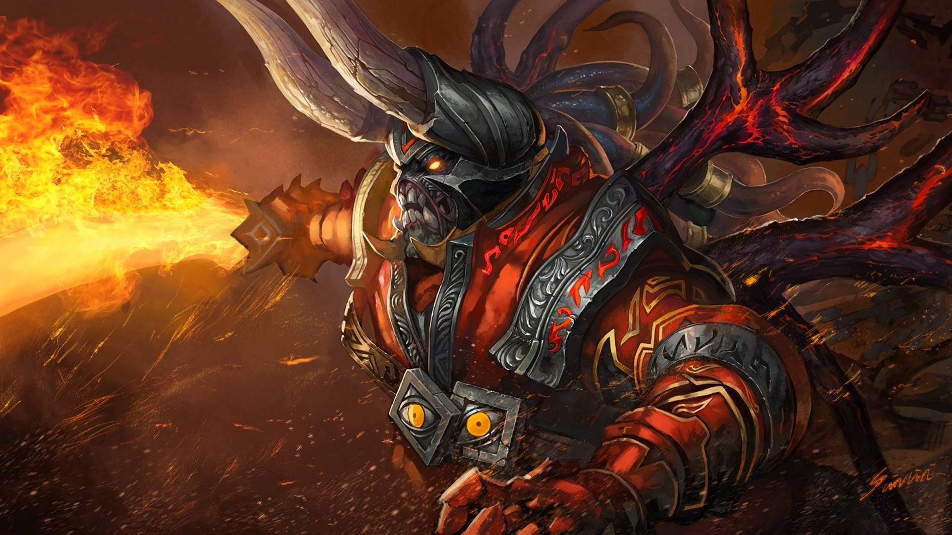 doom HD 桌布 壁紙 — 一個身穿華麗紅黑盔甲的惡魔戰士，在熔岩背景下噴火。