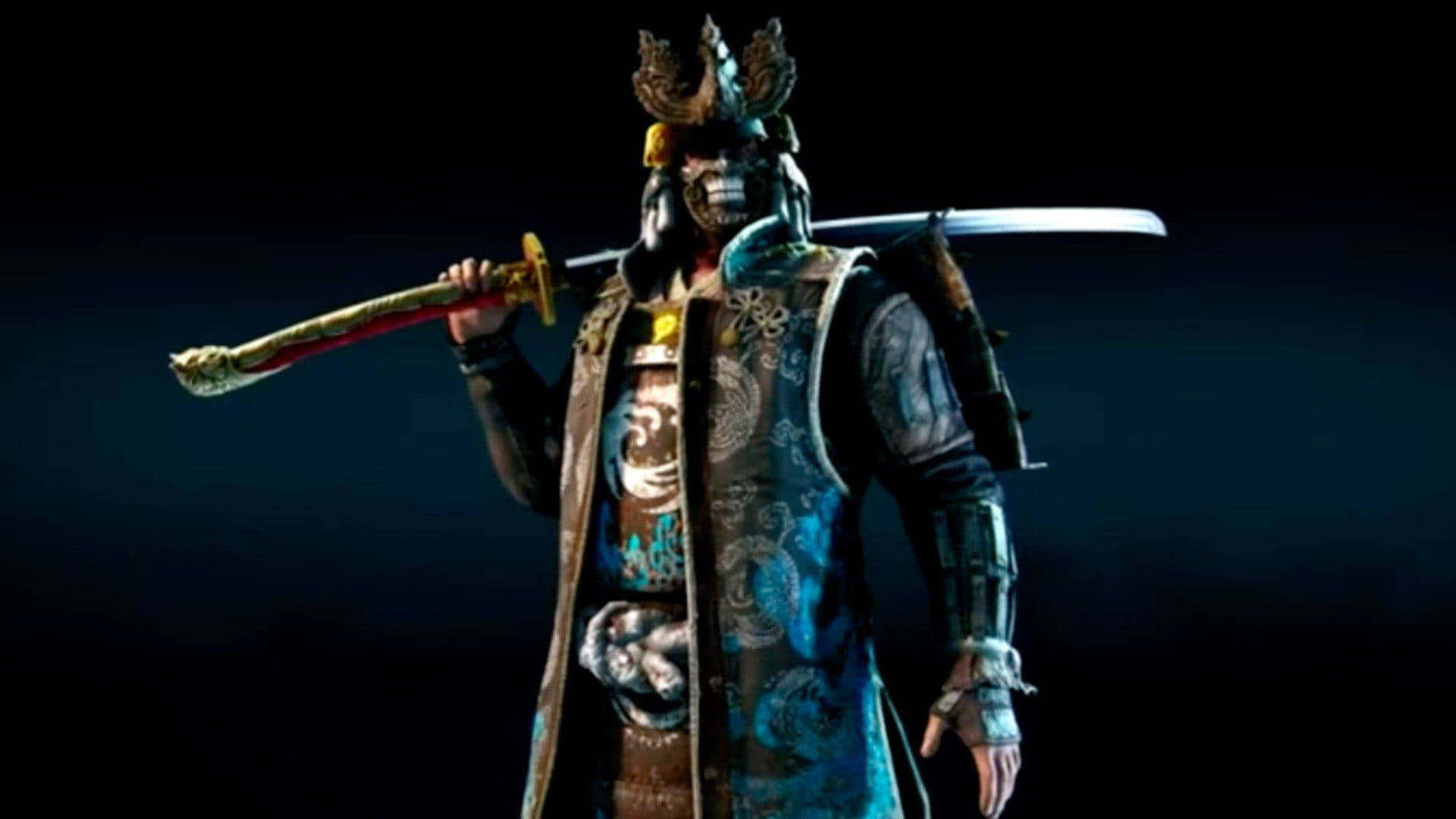 3D 桌布 壁紙 — 一個身穿華麗藍色盔甲的威猛武士，將武士刀扛在肩上，背景漆黑。