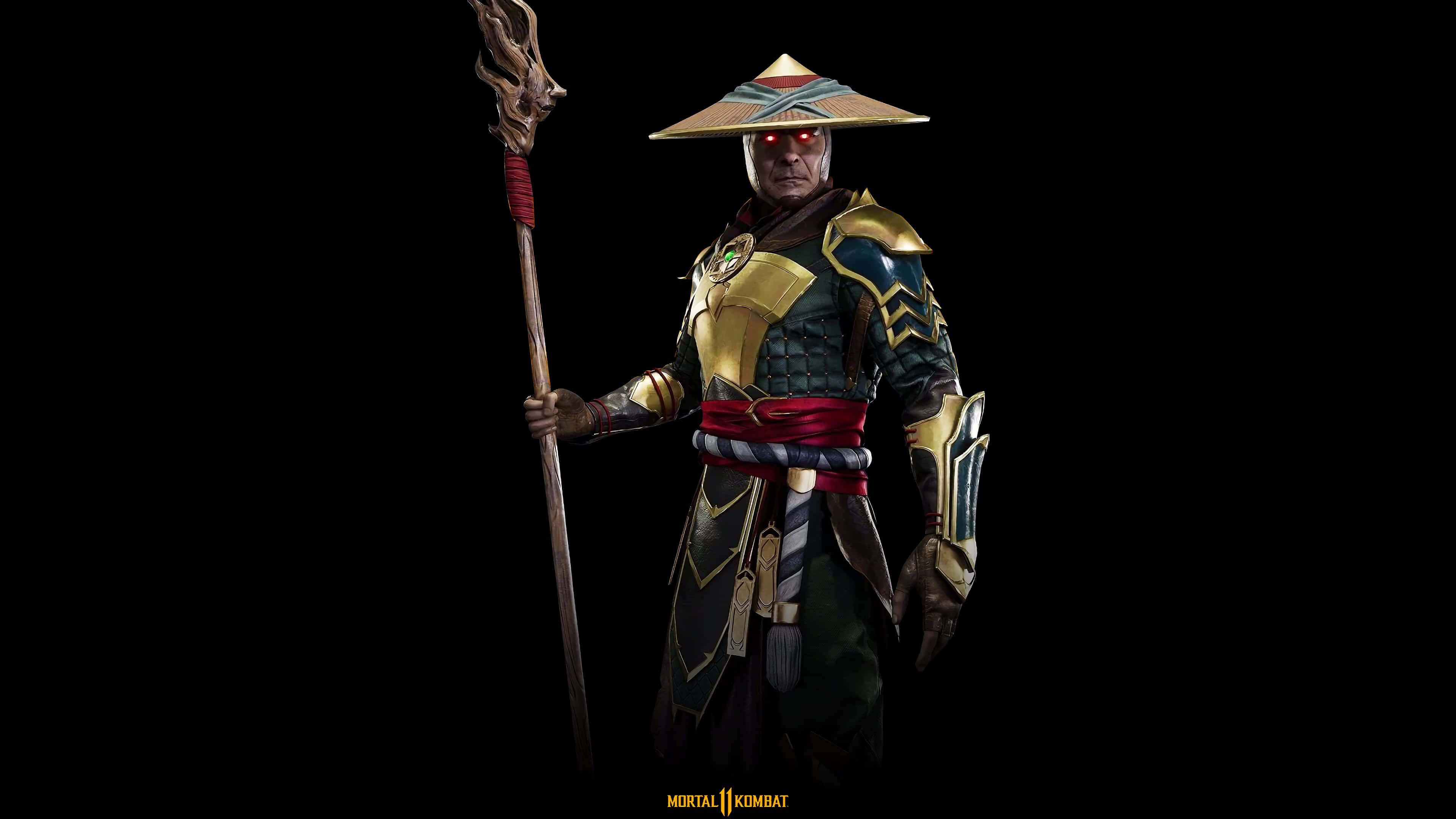 真人快打11 桌布 壁紙 — 一個身穿華麗金色和暗色盔甲的威嚇戰士，手持帶刺法杖，面對黑色虛空，雙眼發出紅光。