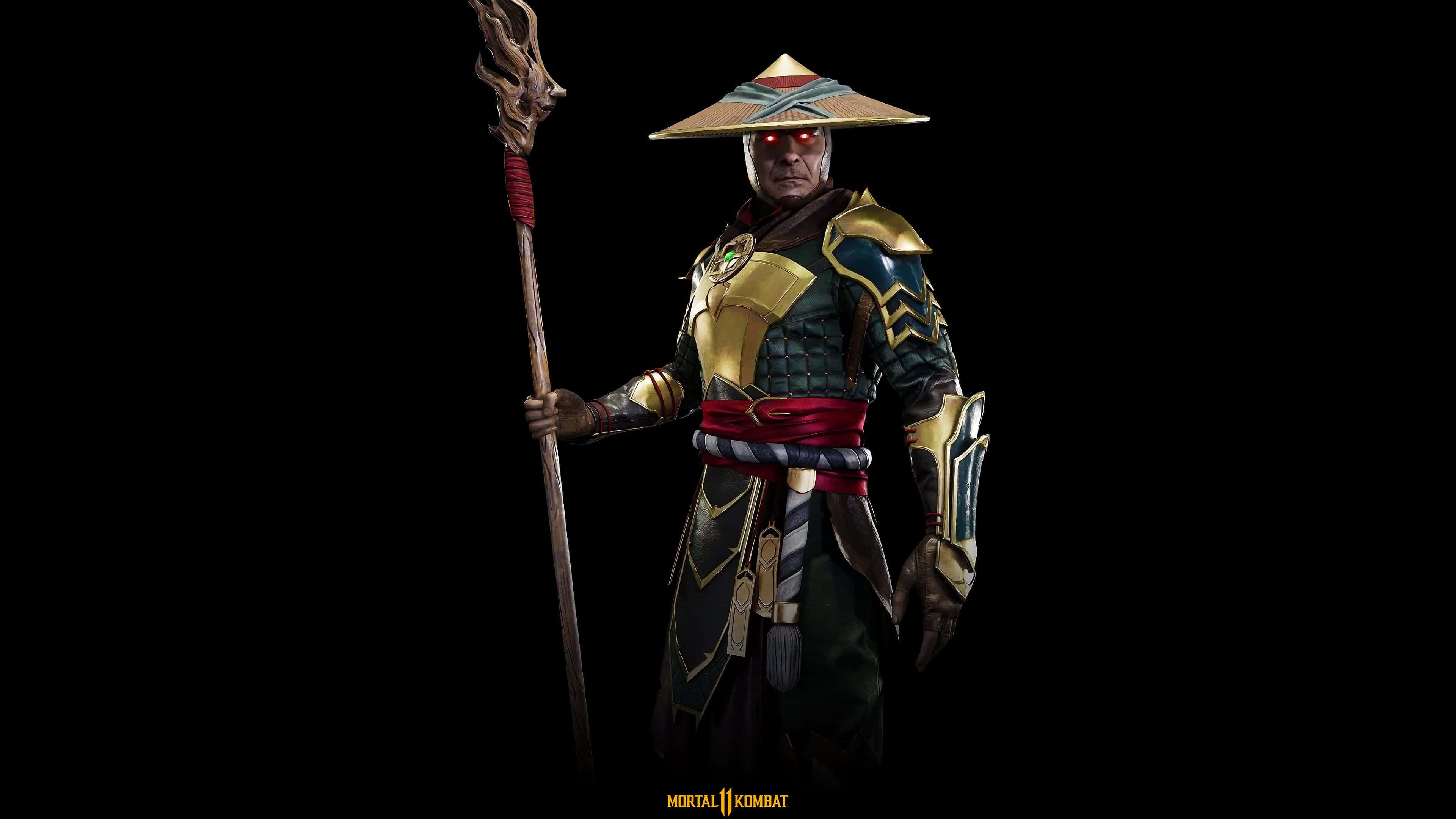 Mortal Kombat Raiden 桌布 壁紙 — 一個身穿華麗金色和暗色盔甲的威嚇戰士，在黑色背景上手持法杖，眼睛發出紅光。
