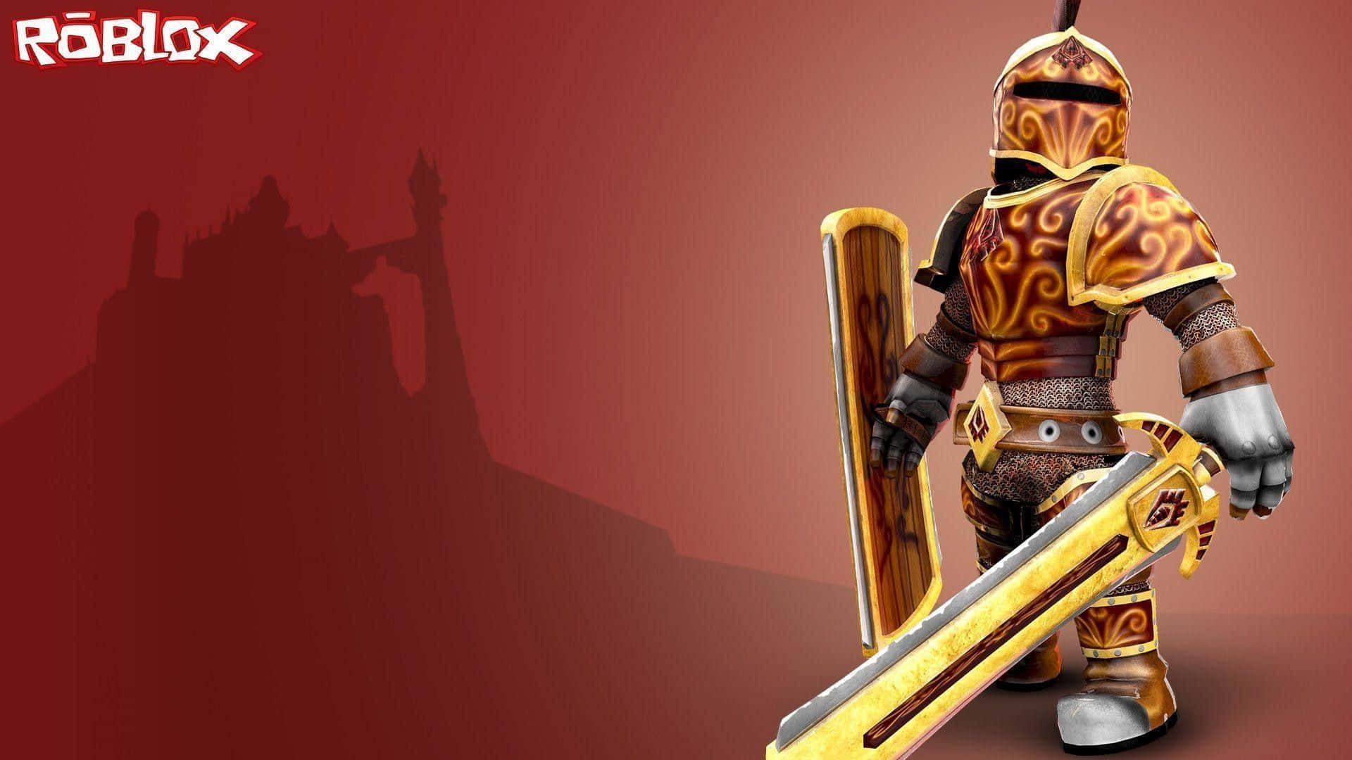 character design 桌布 壁紙 — 一個身穿華麗金色和棕色盔甲的Roblox騎士，手持大劍和盾牌，站在紅色背景前，背景有城堡剪影。