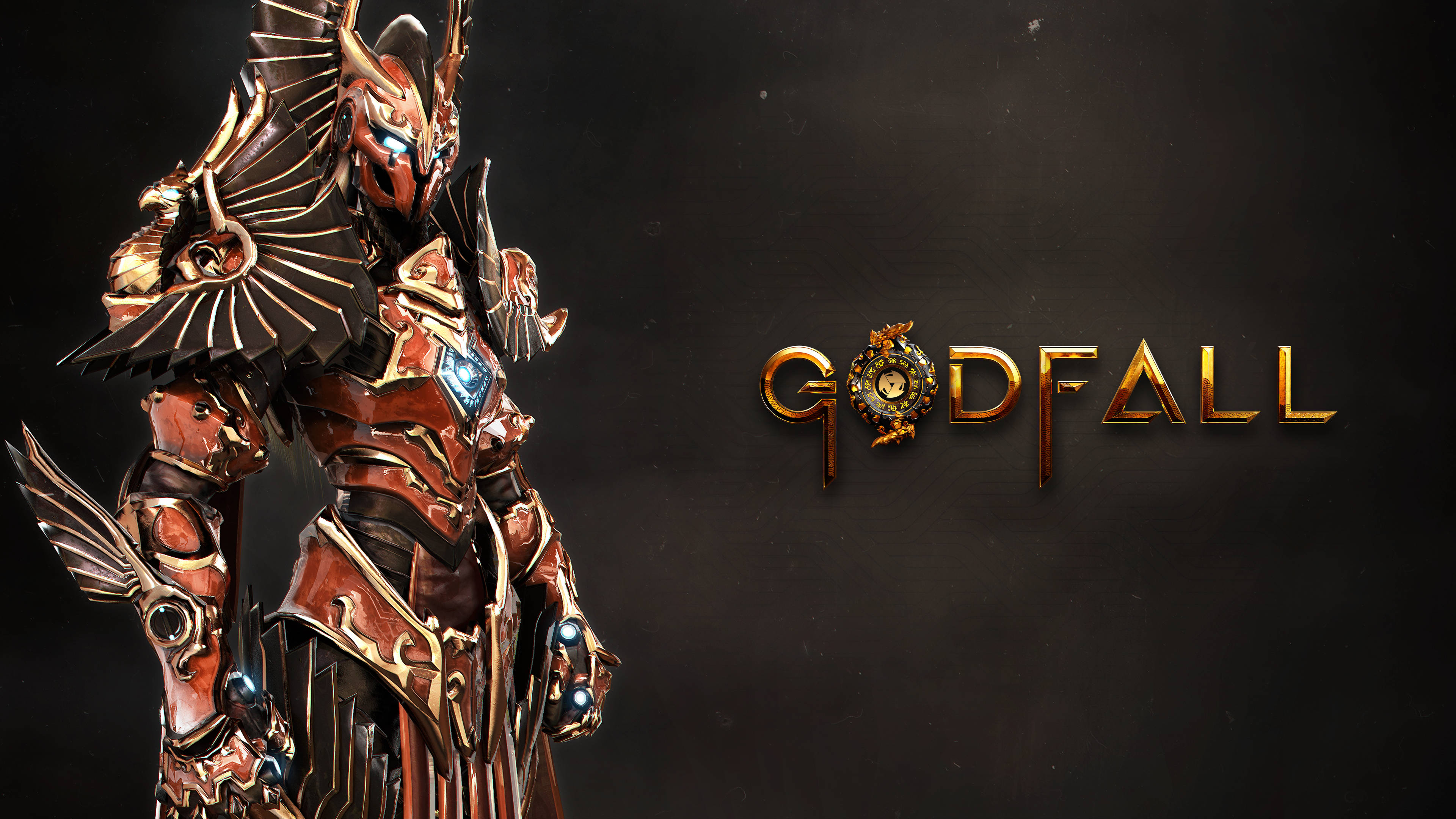 Godfall 桌布 壁紙 — 一個身穿華麗金色和紅色盔甲的重裝戰士，站在黑暗背景中，旁邊是發光的Godfall標誌。
