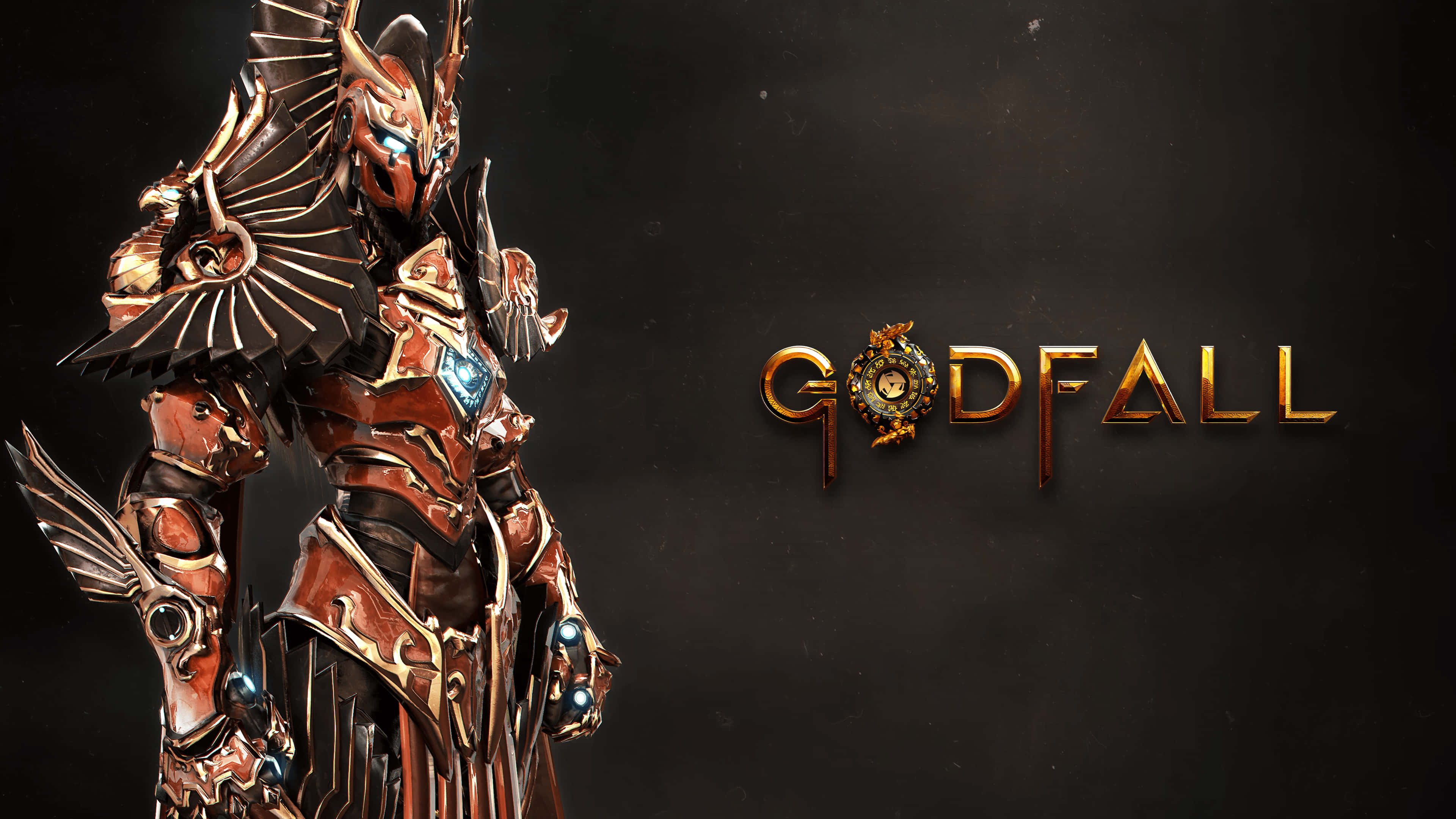 Best Godfall 桌布 壁紙 — 一個身穿華麗金色和紅色盔甲的重裝奇幻戰士，站在深色背景前，旁邊是 Godfall 標誌。