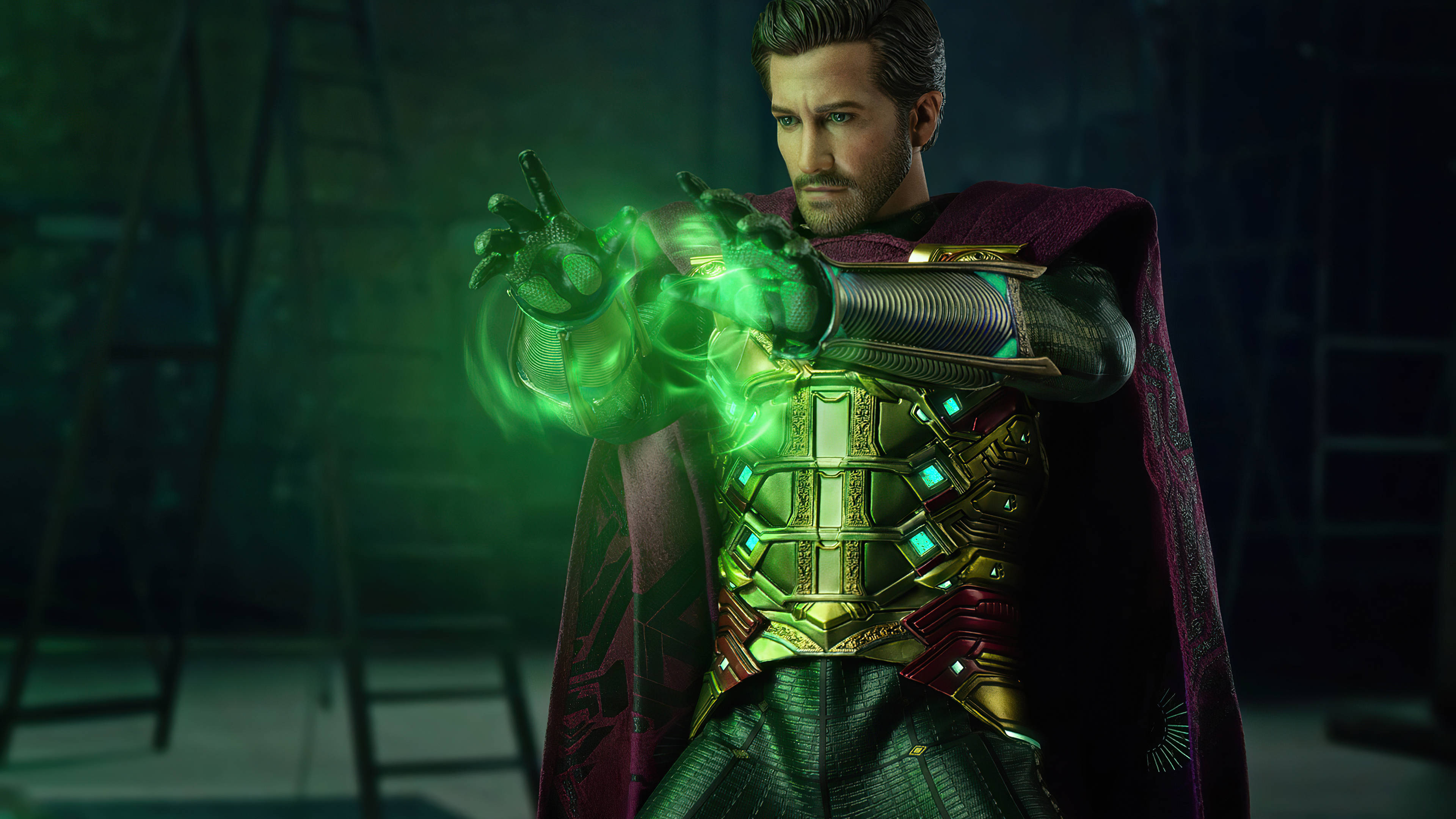 Mysterio 桌布 壁紙 — 一個身穿華麗金色和紫色盔甲的男人在光線昏暗的工業環境中從雙手引導發光的綠色能量。
