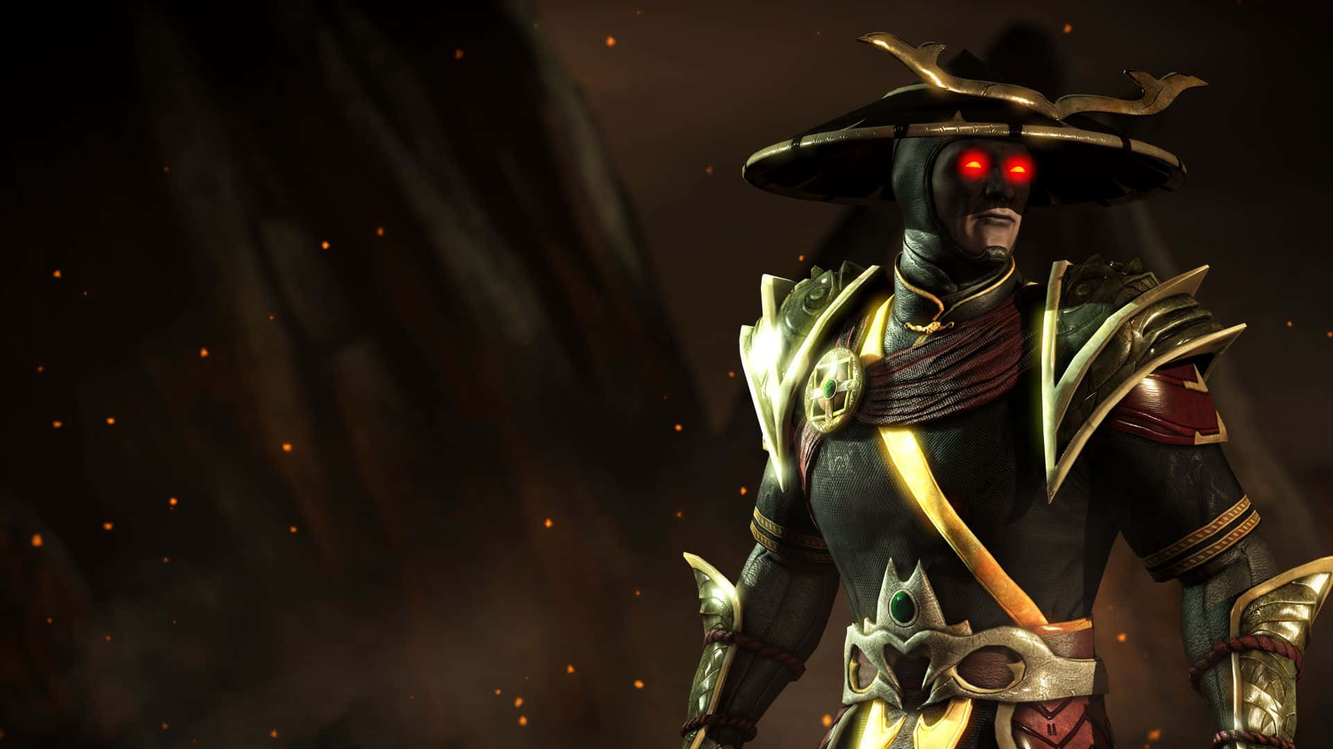 Mortal Kombat Raiden 桌布 壁紙 — 一個身穿華麗金色盔甲、眼睛發出紅光的威脅性戰士，站在黑暗煙霧繚繞的背景中，周圍有漂浮的餘燼。