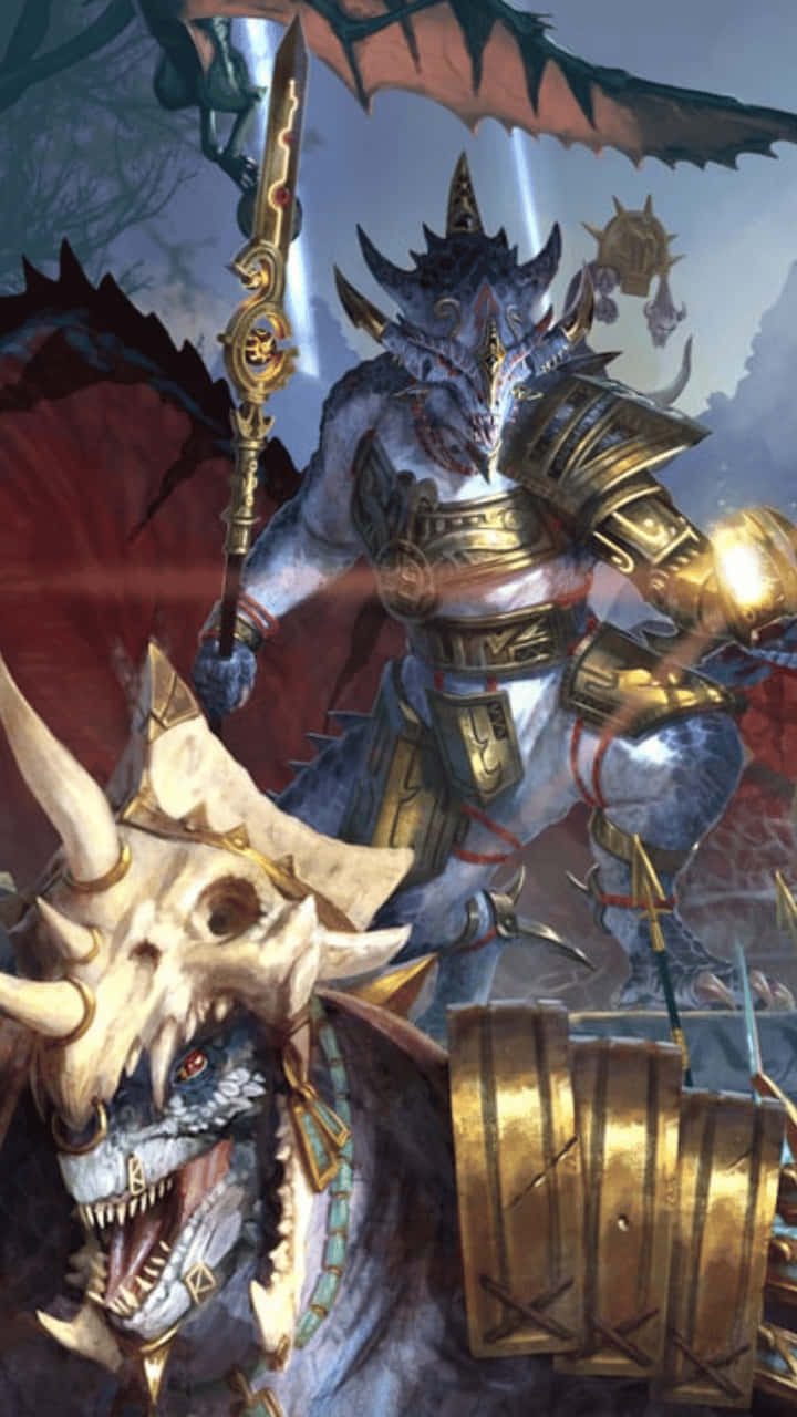 Android Total War Warhammer Ii 桌布 壁紙 — 一個身穿華麗金色盔甲的惡魔騎士，騎著骷髏龍，在暴風雨戰場上揮舞著發光的劍。