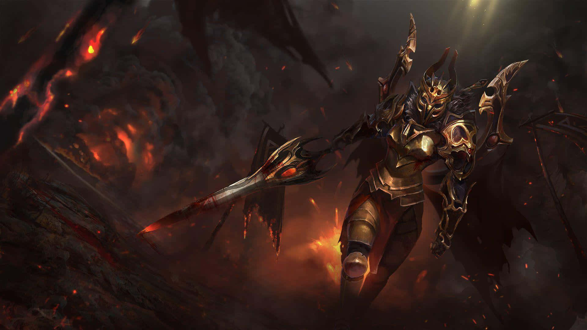 Legion Commander 桌布 壁紙 — 一個身穿華麗金色盔甲的黑暗奇幻戰士，在煙霧與餘燼環繞的熾熱火山景觀中揮舞著發光的劍。