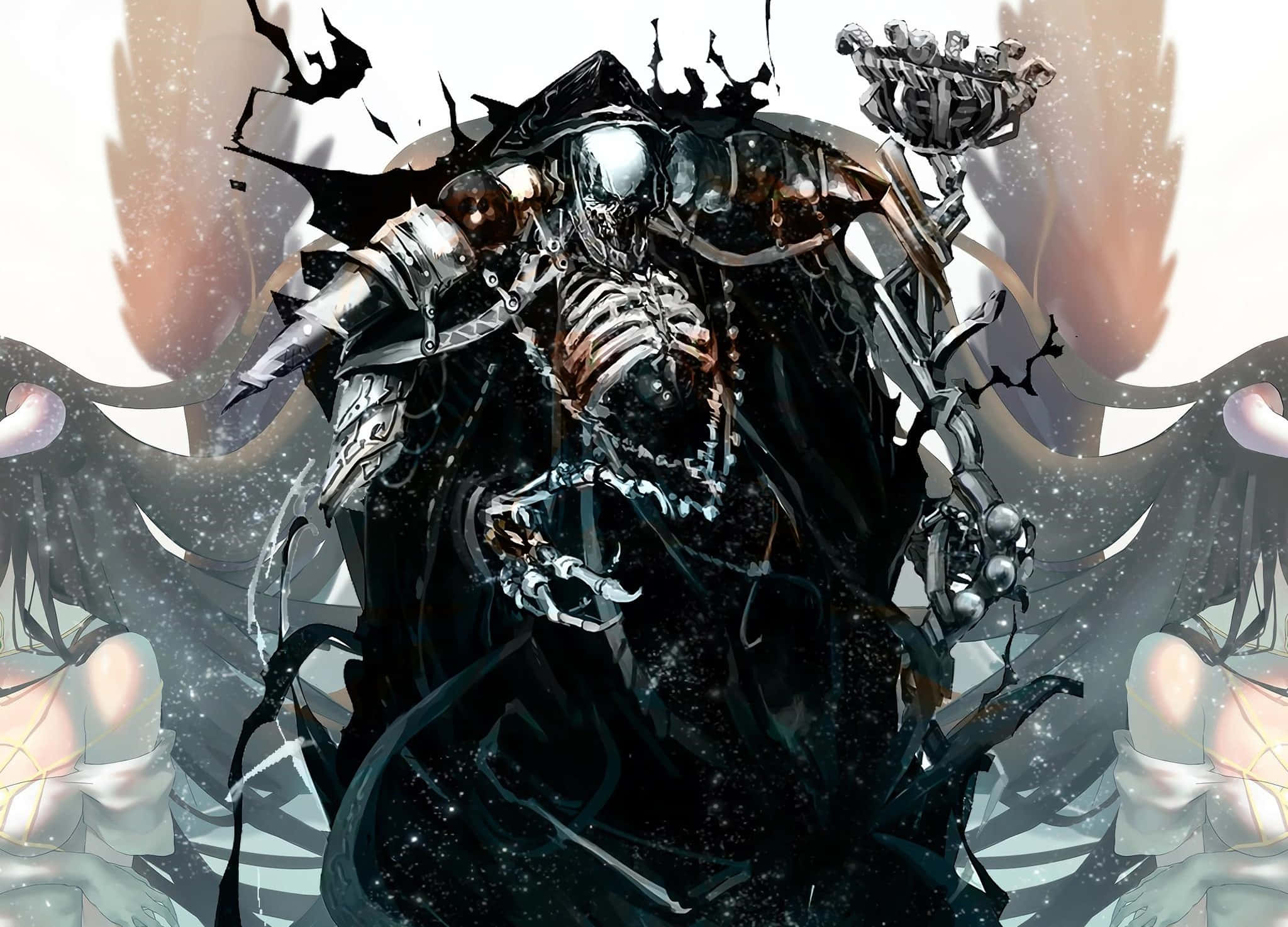 Overlord 桌布 壁紙 — 一個身穿華麗黑色盔甲的威嚇骷髏戰士，站在破碎的玻璃和發光粒子之中，兩旁有鬼影幢幢。