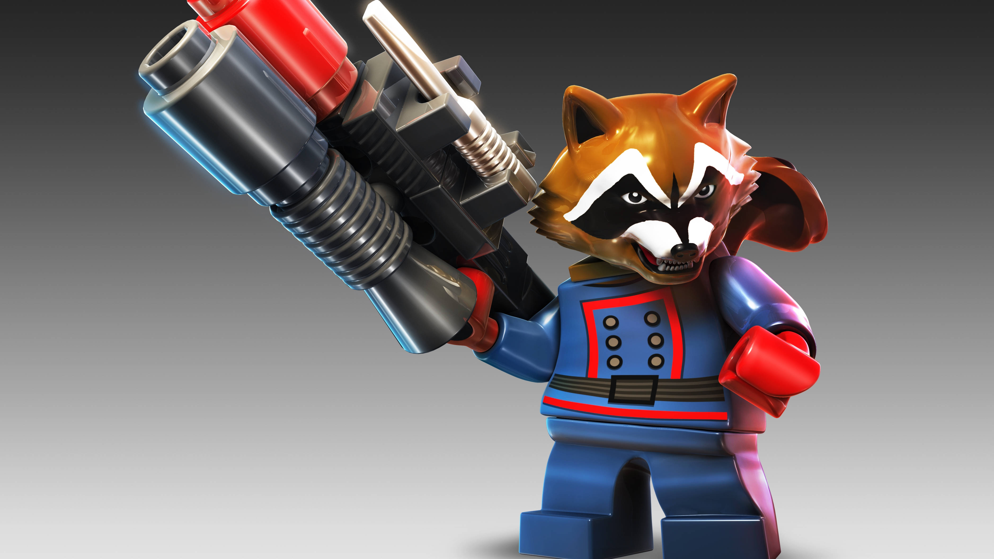 4K Gaming 桌布 壁紙 — 一個身穿藍紅套裝的LEGO Rocket Raccoon人偶，在漸變灰色背景前手持大型未來武器。