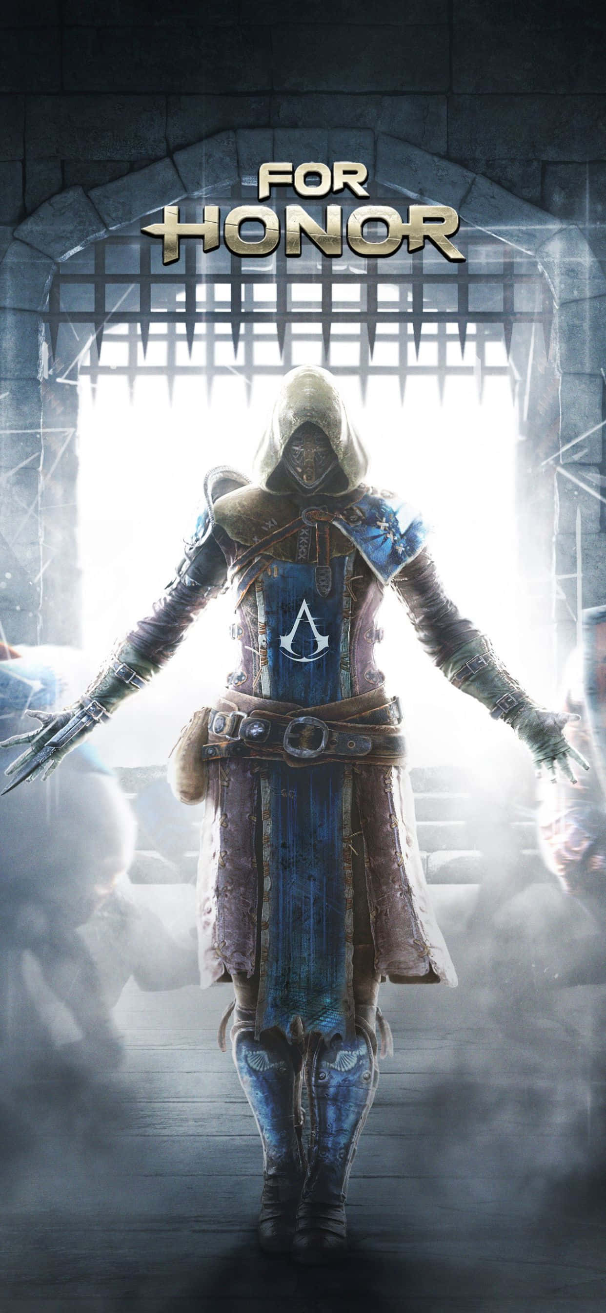 iPhone Xs Max For Honor 桌布 壁紙 — 一個身穿藍色和棕色盔甲的戴兜帽戰士站在石拱門中，上方有發光的標題文字。
