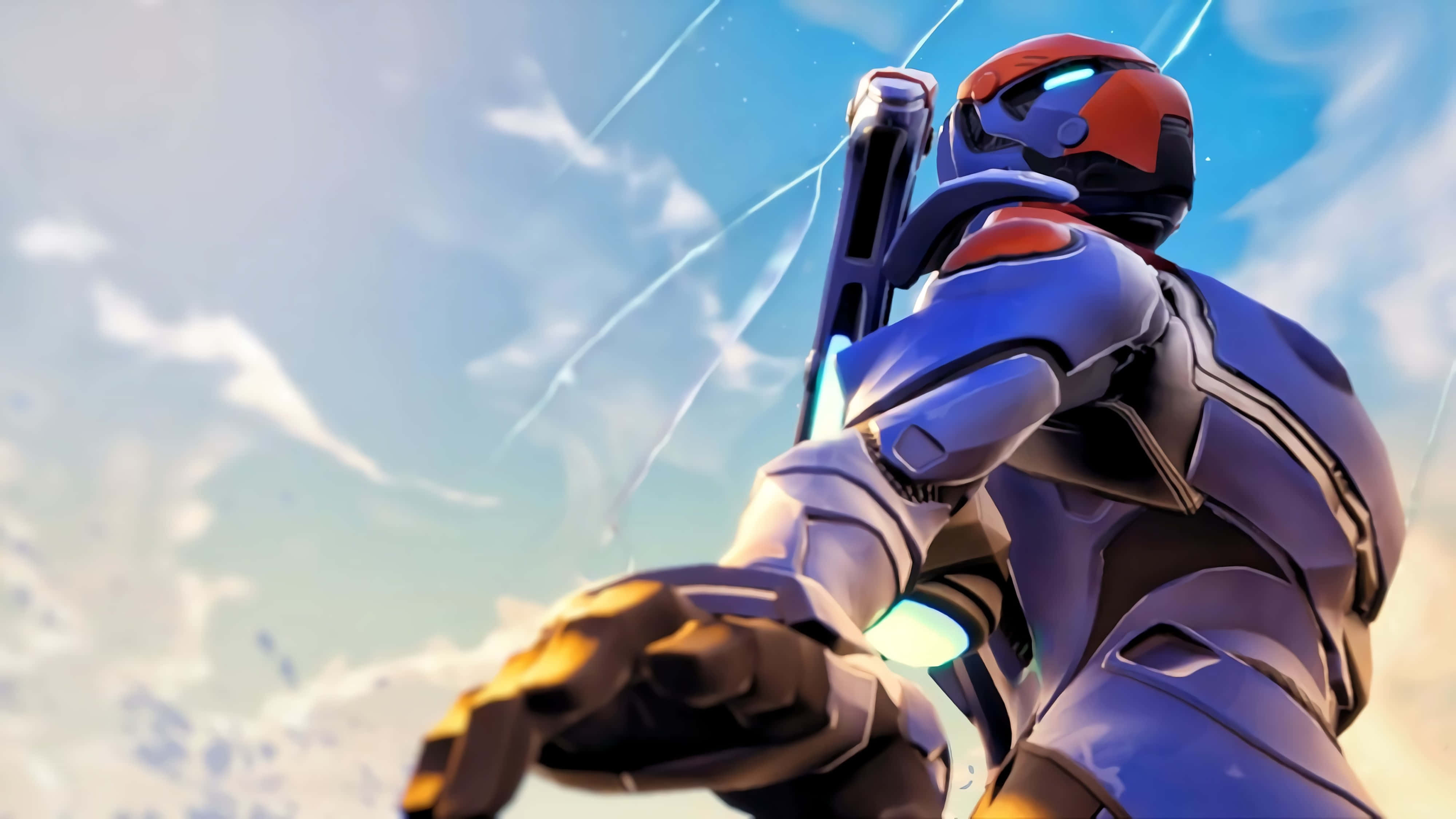 Fortnite 桌布 壁紙 — 一個身穿藍色和紅色裝備的未來裝甲戰士，站在有光跡的明亮天空前。