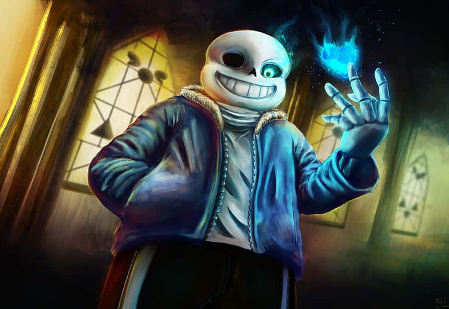 Undertale Desktop 桌布 壁紙 — 一個身穿藍色外套、表情愉快的骷髏臉角色，在一個光線昏暗、有彩繪玻璃窗的房間裡，手持一顆發光的藍色心臟。