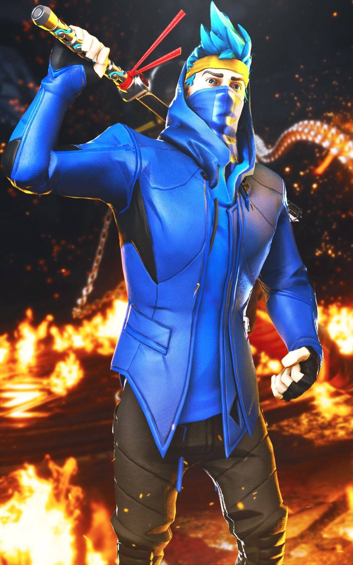 藍色忍者服裝的忍者，在火焰爆炸中揮舞棍棒。 — Fire Emblem Warriors 壁紙