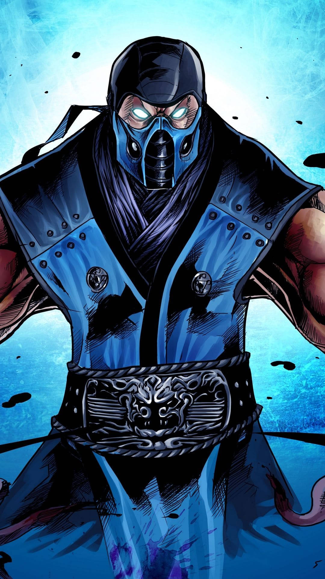 Warrior 桌布 壁紙 — 一個身穿藍色盔甲、戴著面具的威脅性戰士，站在充滿活力的藍色背景前，眼睛發光。