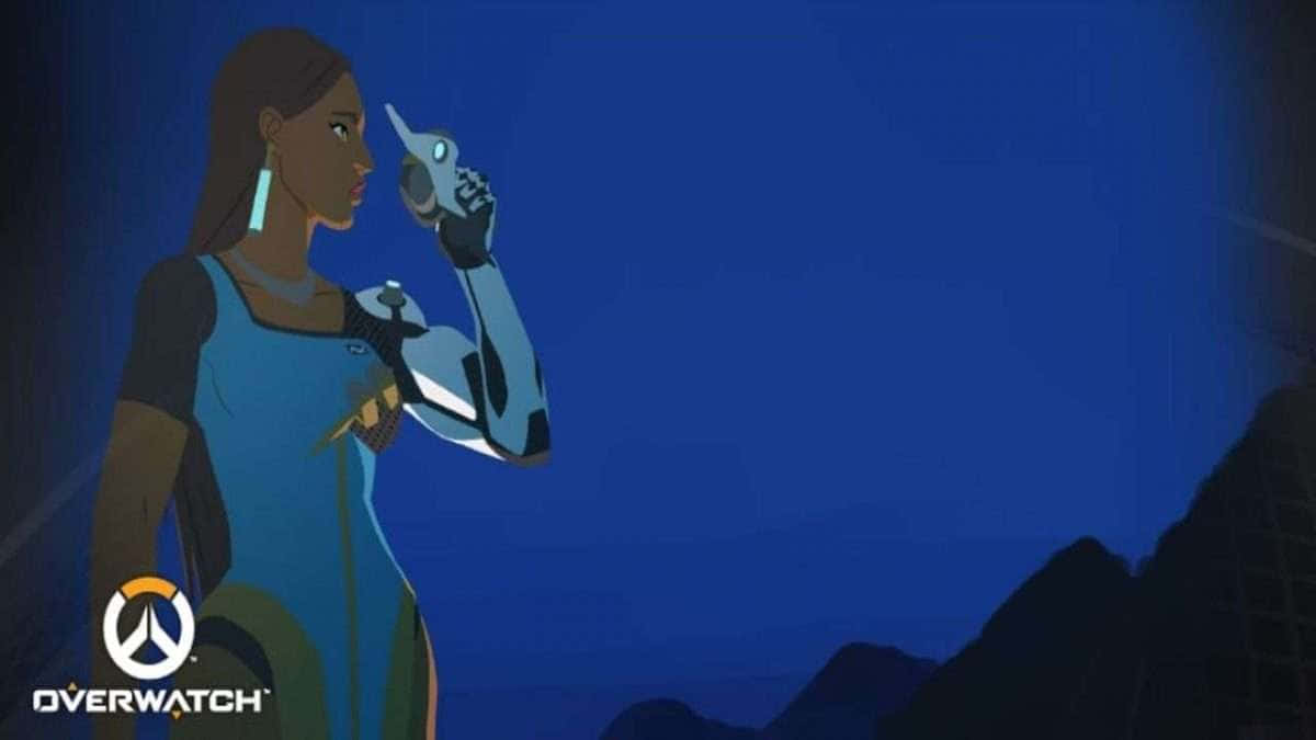 Overwatch Symmetra 桌布 壁紙 — 一個身穿藍色盔甲的《鬥陣特攻》女性角色，在深藍色夜空和剪影山脈的背景下，手持發光裝置。