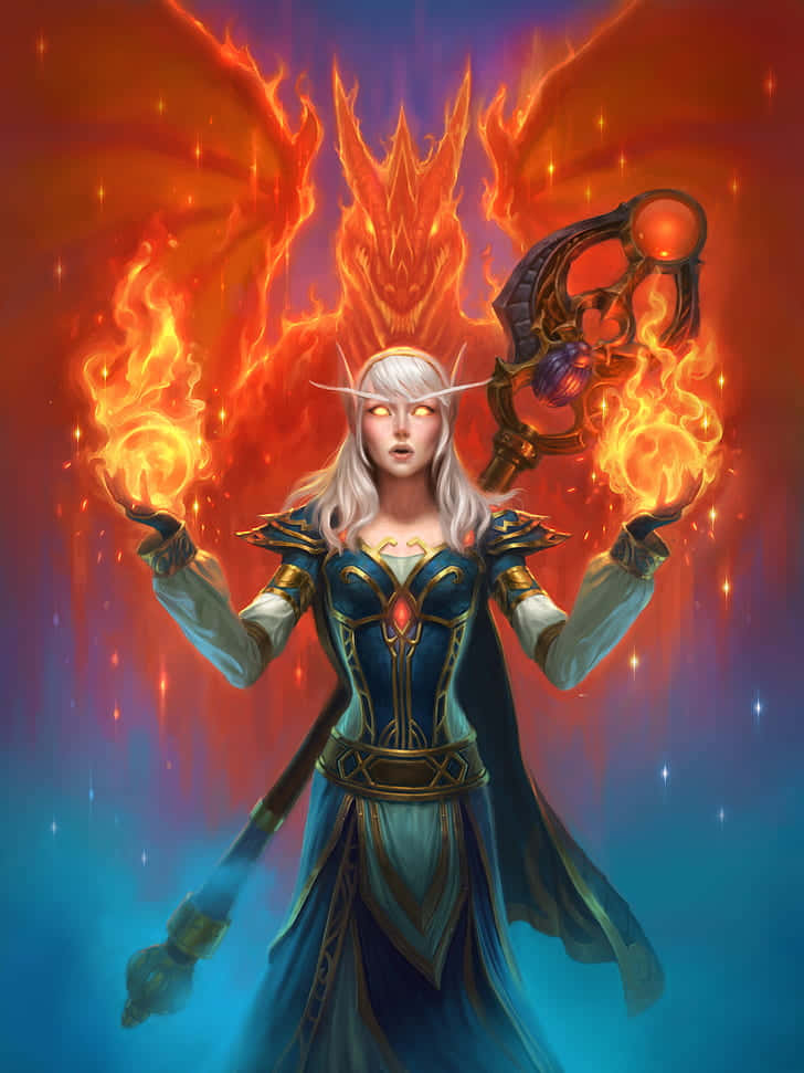 電玩遊戲 桌布 壁紙 — 一個身穿藍色盔甲的火龍頭法師，在宇宙紅藍背景下揮舞著火焰球體。