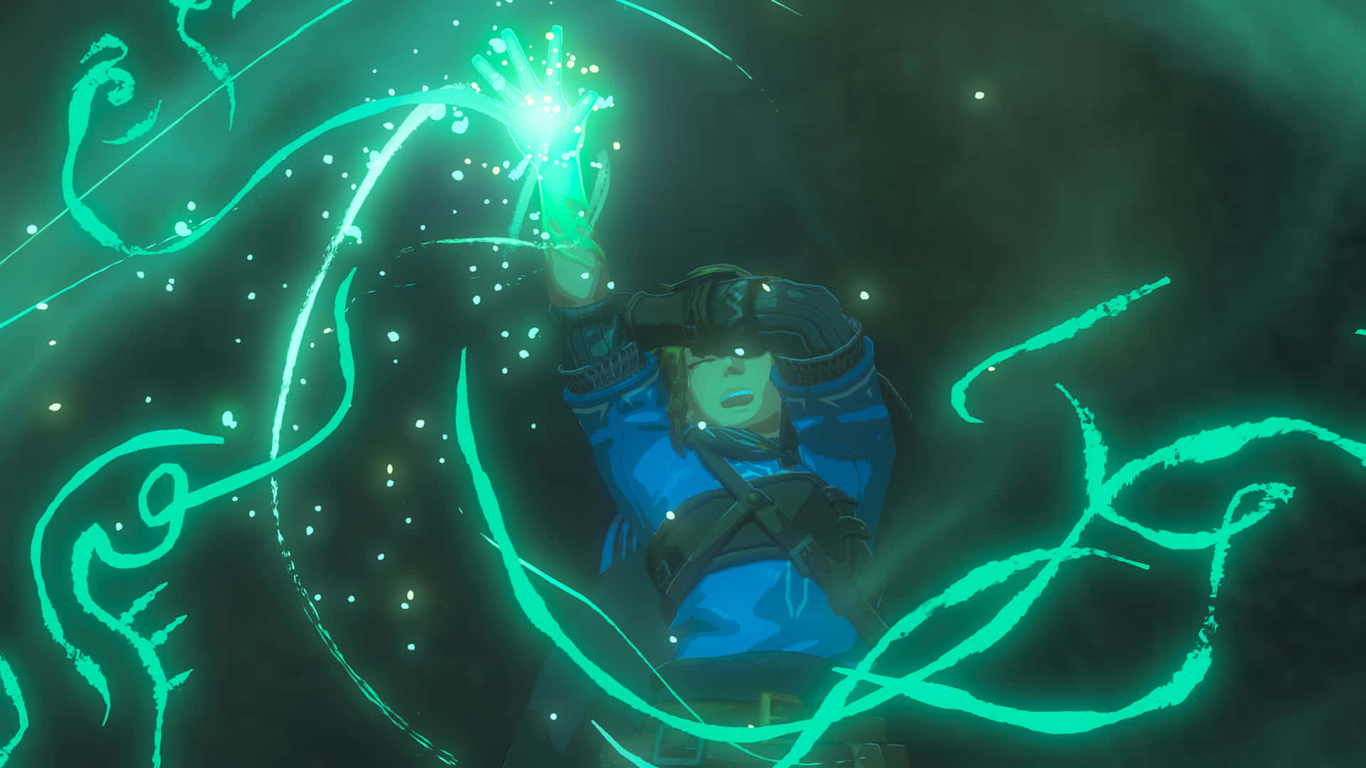 The Legend Of Zelda Tears Of The Kingdom 桌布 壁紙 — 一個身穿藍色盔甲的角色在黑暗神秘環境中，於旋轉的魔法能量中舉起發光的綠色手掌。