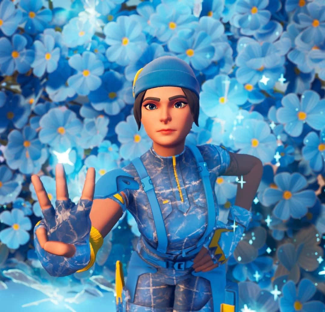 Fortnite 造型 桌布 壁紙 — 一個身穿藍色裝備的數位藝術角色站在一片帶有星形閃爍的發光藍色花朵前。