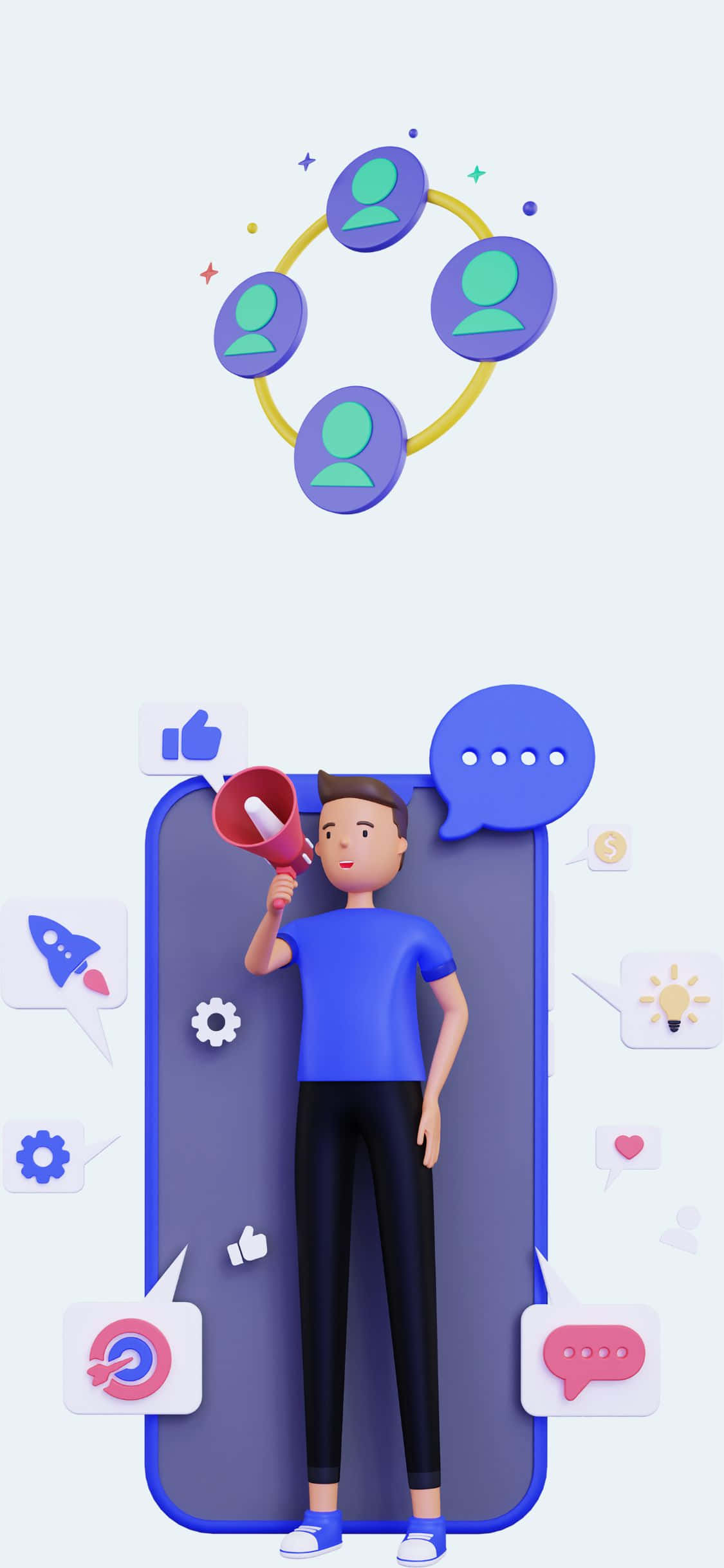 iPhone X Social 桌布 壁紙 — 一個身穿藍色襯衫的3D渲染男子在智慧型手機框架內拿著擴音器，周圍環繞著社交媒體圖標和用戶頭像。