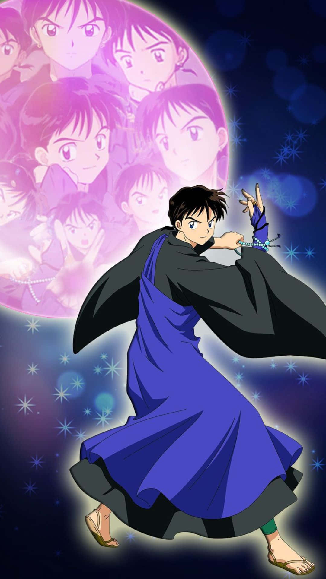 Miroku 桌布 壁紙 — 一個身穿藍色長袍的動態動漫角色，在繁星點點的夜空背景下，身後有發光的月亮和漂浮的臉孔，向前躍進。