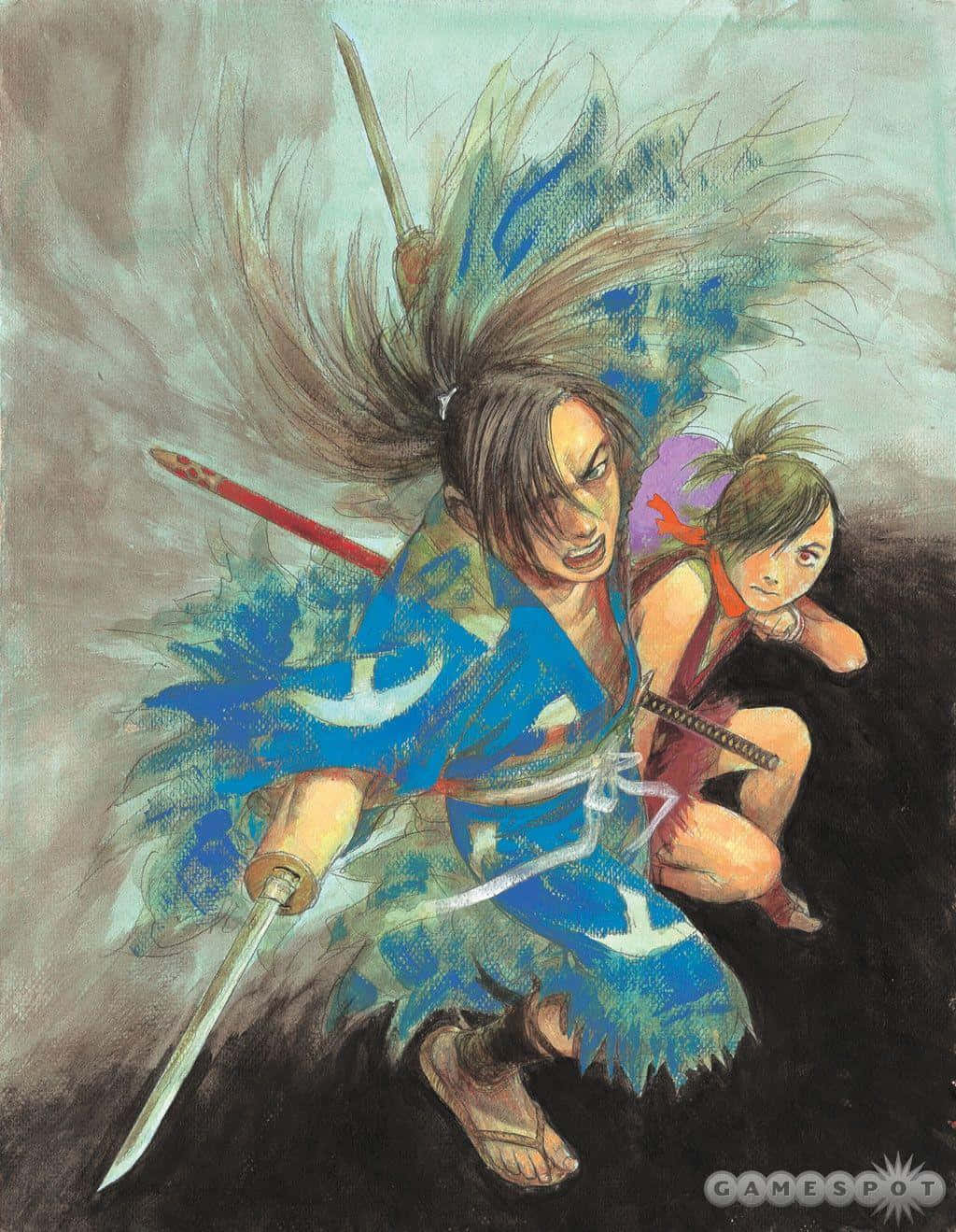 多羅羅 桌布 壁紙 — 一個身穿藍色長袍的動漫風格戰士揮劍向前衝刺，一個孩子蹲在他們身後，背景是風暴和煙霧瀰漫的環境。