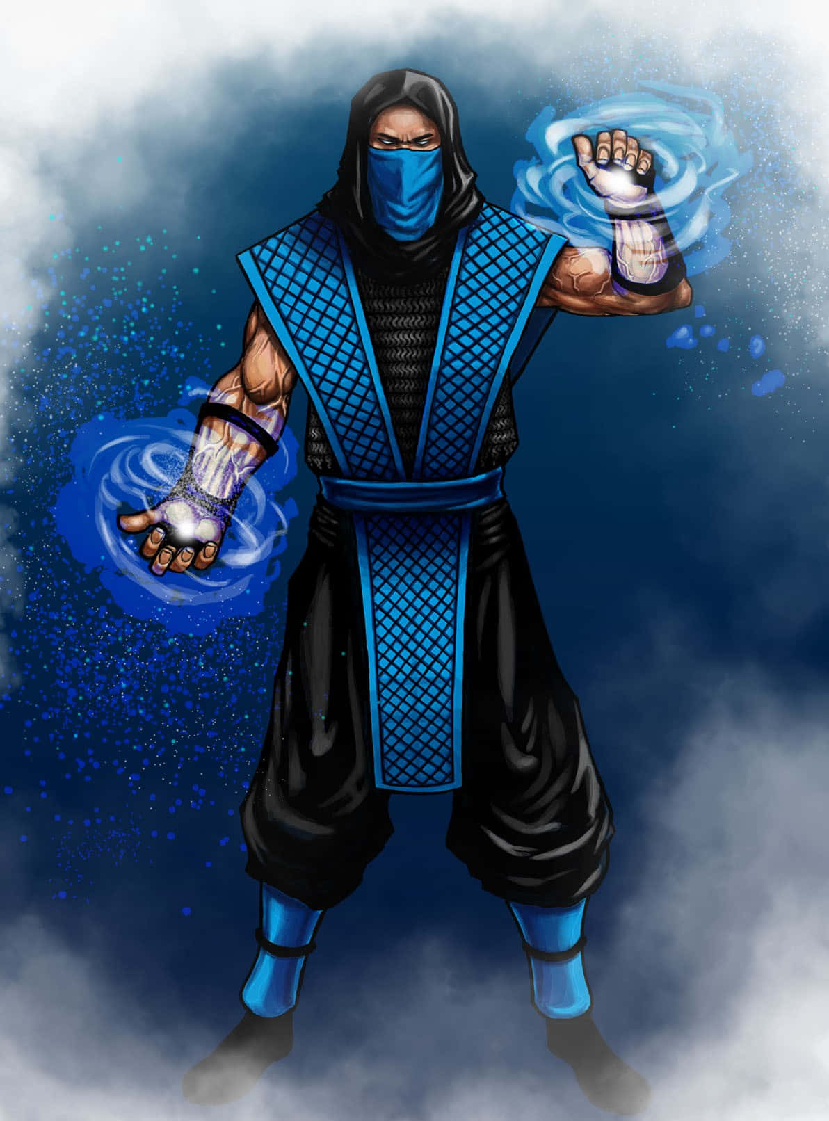 Mortal Kombat Sub-zero 桌布 壁紙 — 一個身穿藍黑色盔甲的蒙面忍者，在暴風雨雲層背景下，從雙手中釋放出發光的藍色能量。