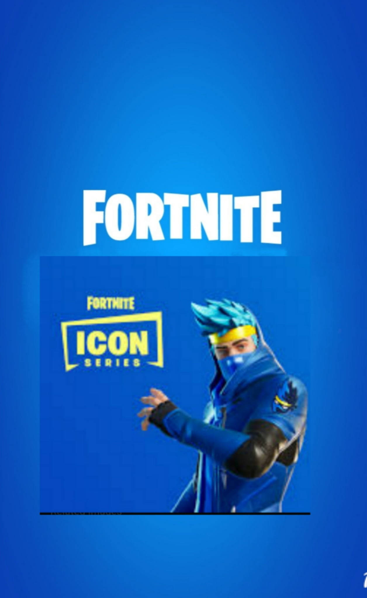 Ninja Fortnite 桌布 壁紙 — 一個身穿藍黑色裝備的 Fortnite Icon Series 角色，在純藍色背景前擺姿勢，背景上有醒目的白色和黃色品牌標誌。