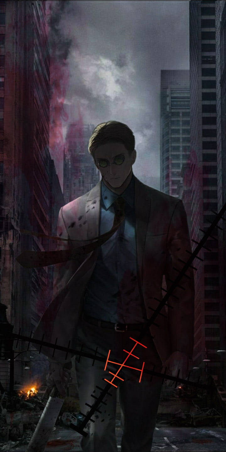動漫男孩 桌布 壁紙 — 一個身穿血跡斑斑西裝的男人，站在風暴天空下、滿目瘡痍的城市景觀中，周圍有發光的紅色符號。