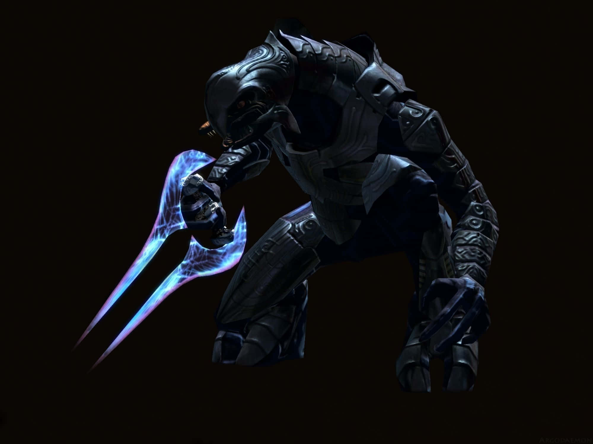 Halo Arbiter 桌布 壁紙 — 一個身穿裝甲、充滿威脅的外星戰士蹲伏在黑暗中，揮舞著發光的藍色能量武器。