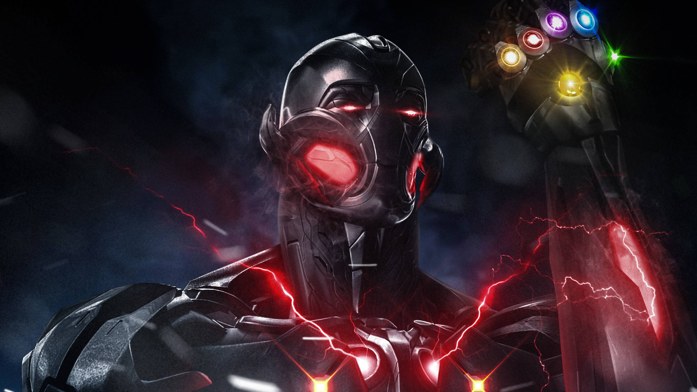 Ultron 桌布 壁紙 — 一個身穿裝甲、帶有發光紅眼和胸前閃電裂痕的威脅性人物，背景是黑暗風暴。