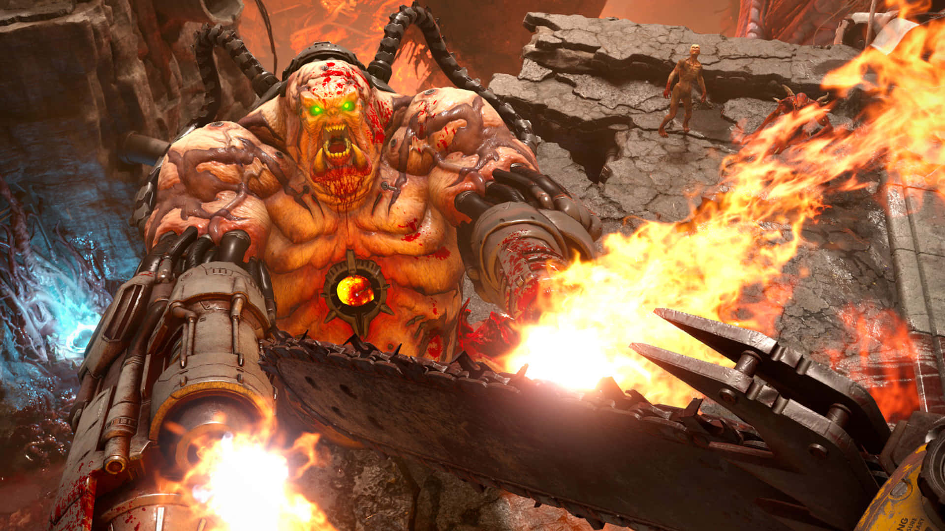 Fps Games 桌布 壁紙 — 一個身穿裝甲、眼睛發出綠光的怪誕惡魔，在熾熱的岩石廢墟中發射火焰電鋸。