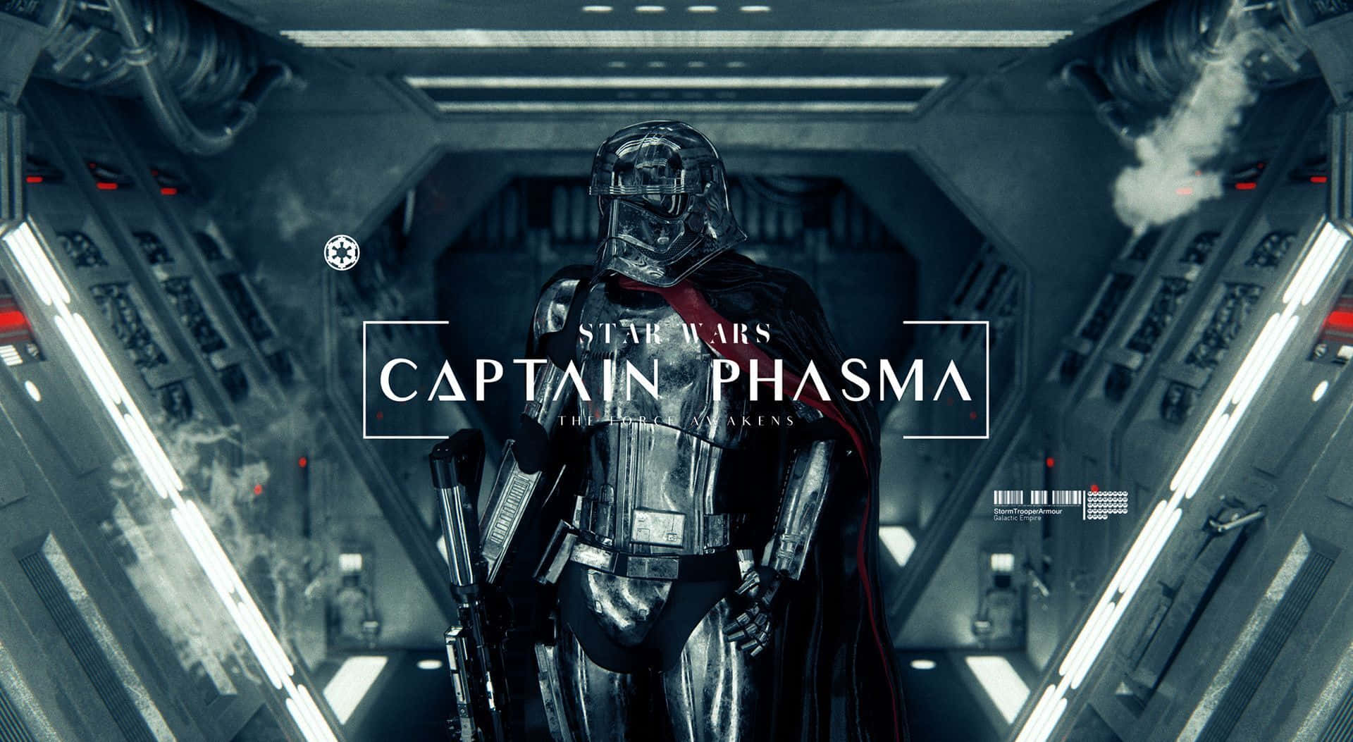 Captain Phasma 桌布 壁紙 — 一個身穿裝甲的威嚇人物站在未來風格的太空船走廊中，周圍有發光的燈光和旋轉的煙霧。