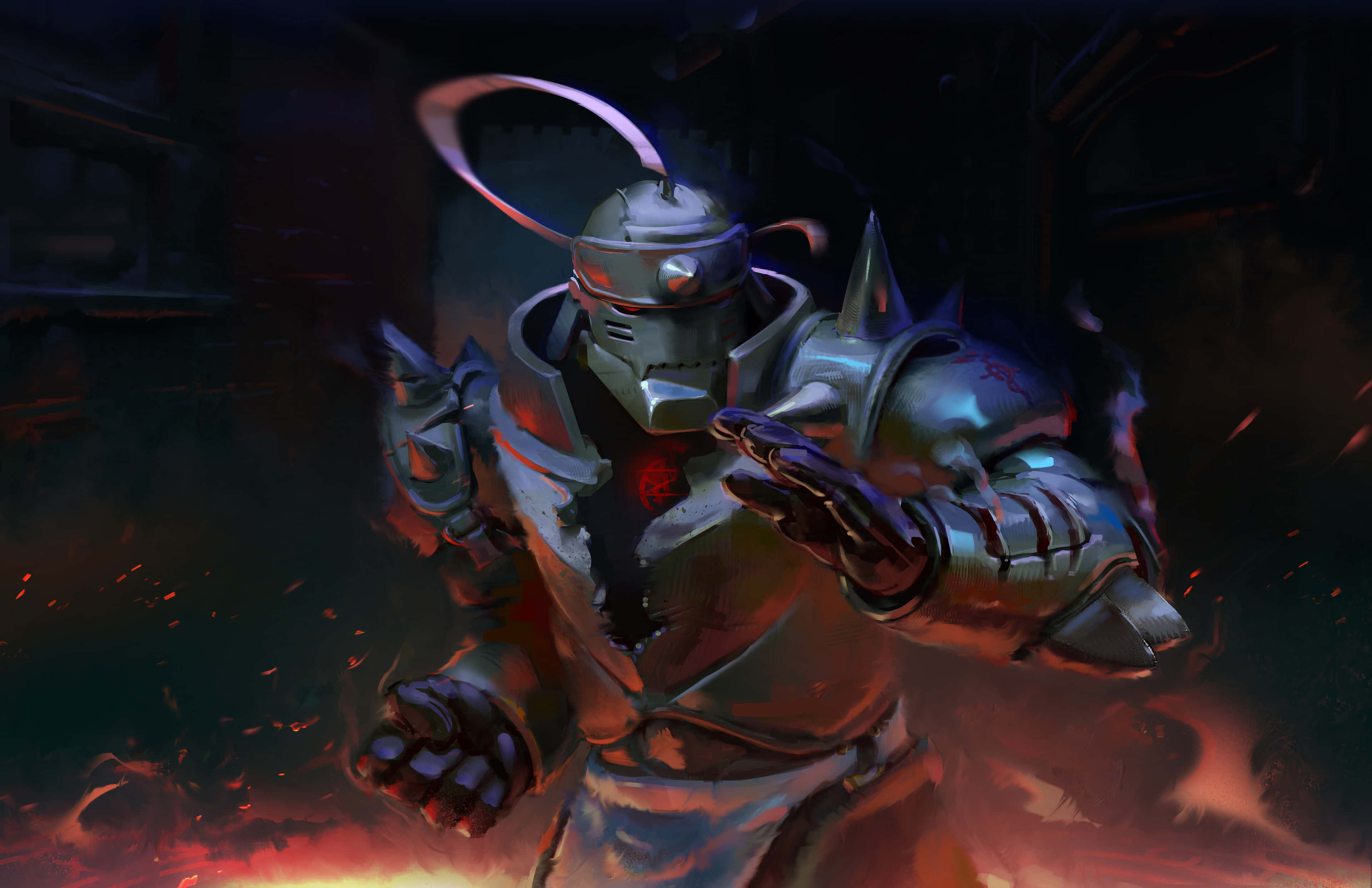 Alphonse Elric 桌布 壁紙 — 一個身穿裝甲的威猛戰士，擁有發光的紅色眼睛和漂浮的光環，站在黑暗工業環境中熾熱的餘燼之間。