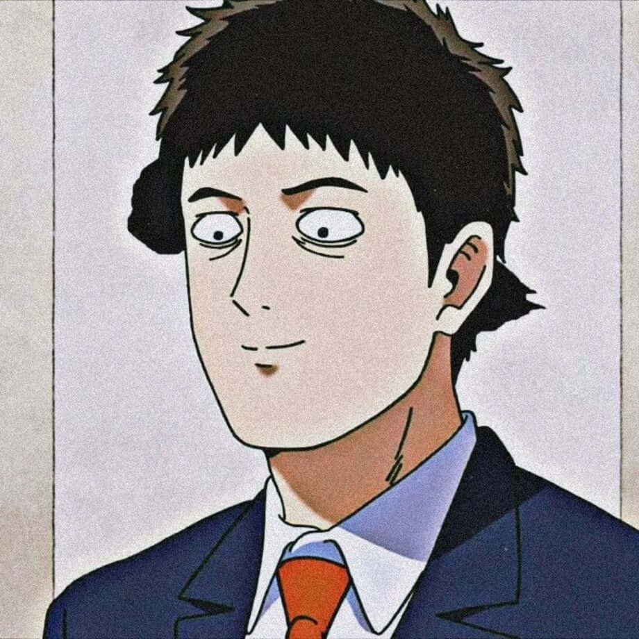 Katsuya Serizawa 桌布 壁紙 — 一個身穿西裝、睜大眼睛、帶著微妙冷笑的男子動畫特寫肖像，背景簡潔。