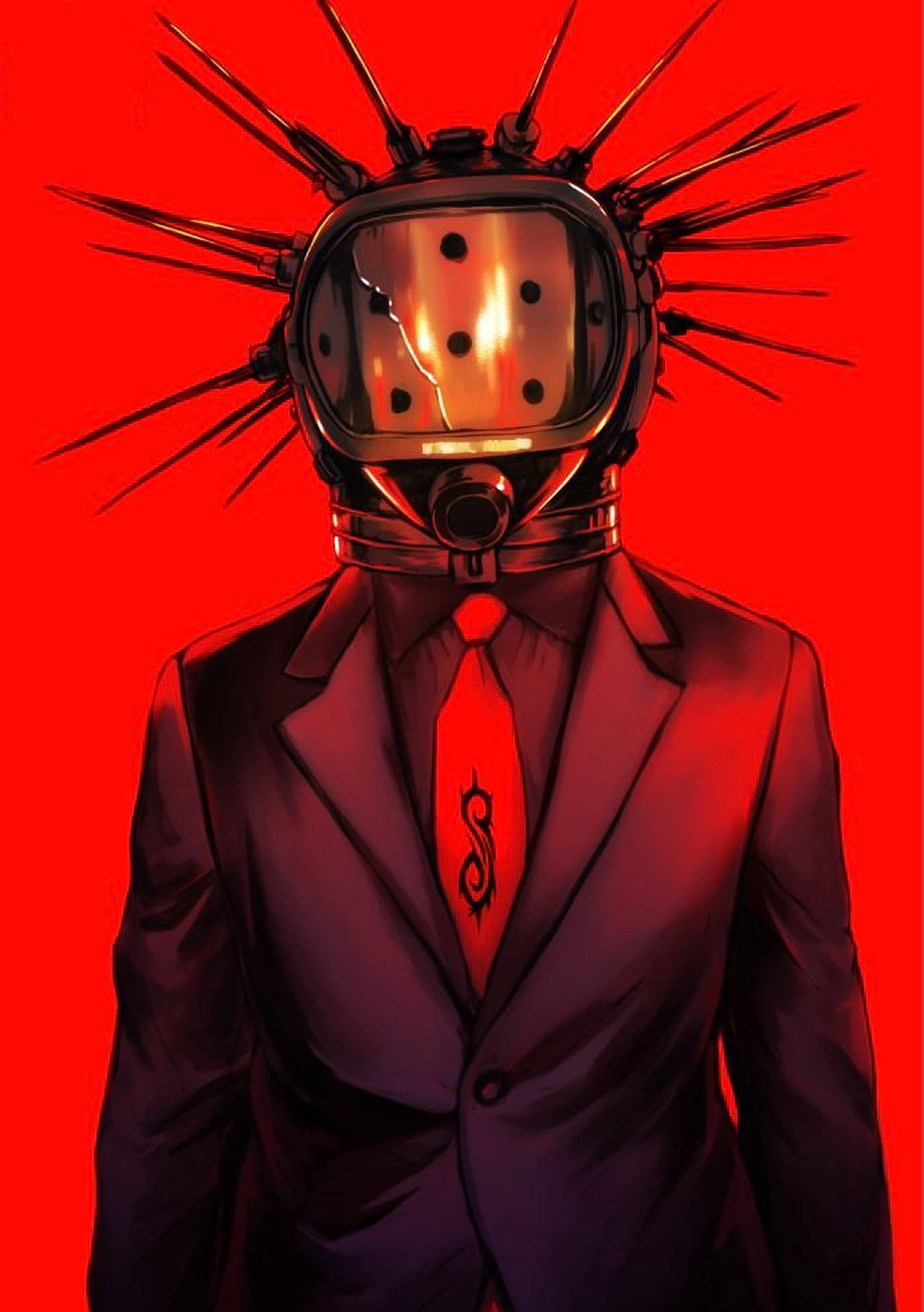 craig jones 桌布 壁紙 — 一個身穿西裝打領帶的人物戴著帶有尖刺的頭盔，頭盔上有發光的破裂螢幕面孔，背景是鮮紅色。