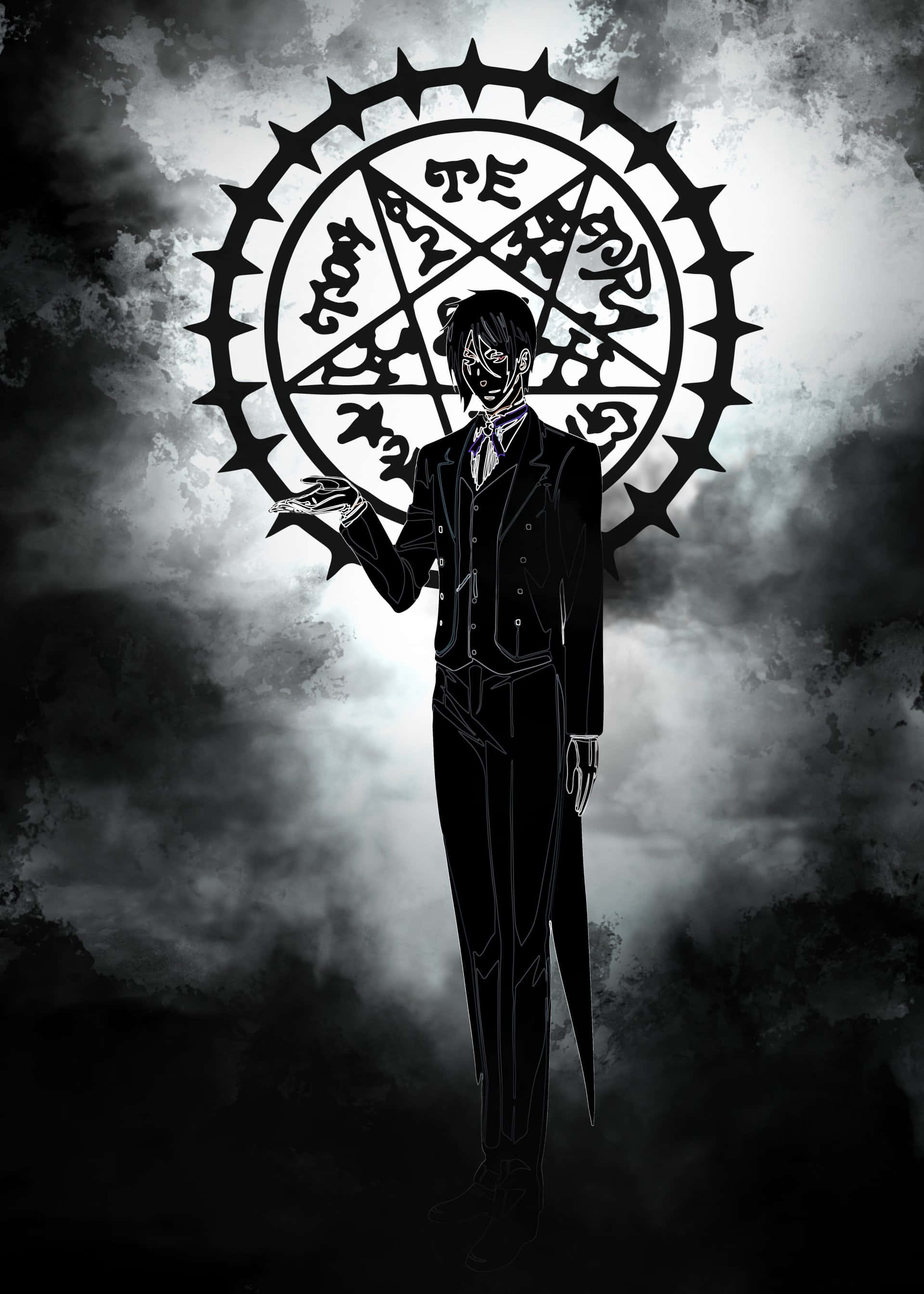 Black Butler 桌布 壁紙 — 一個身穿西裝的黑暗動漫角色站在暴風雲前，面對一個發光的五角星符號。