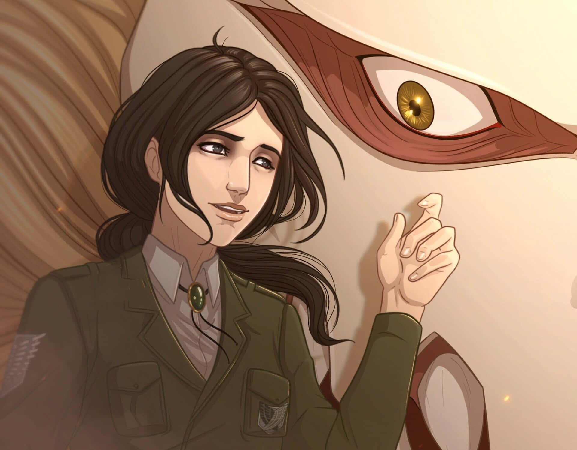 Pieck Finger 桌布 壁紙 — 一個身穿軍裝、意志堅定的動畫女孩向上凝視，身後浮現出一個巨人的金色眼睛。