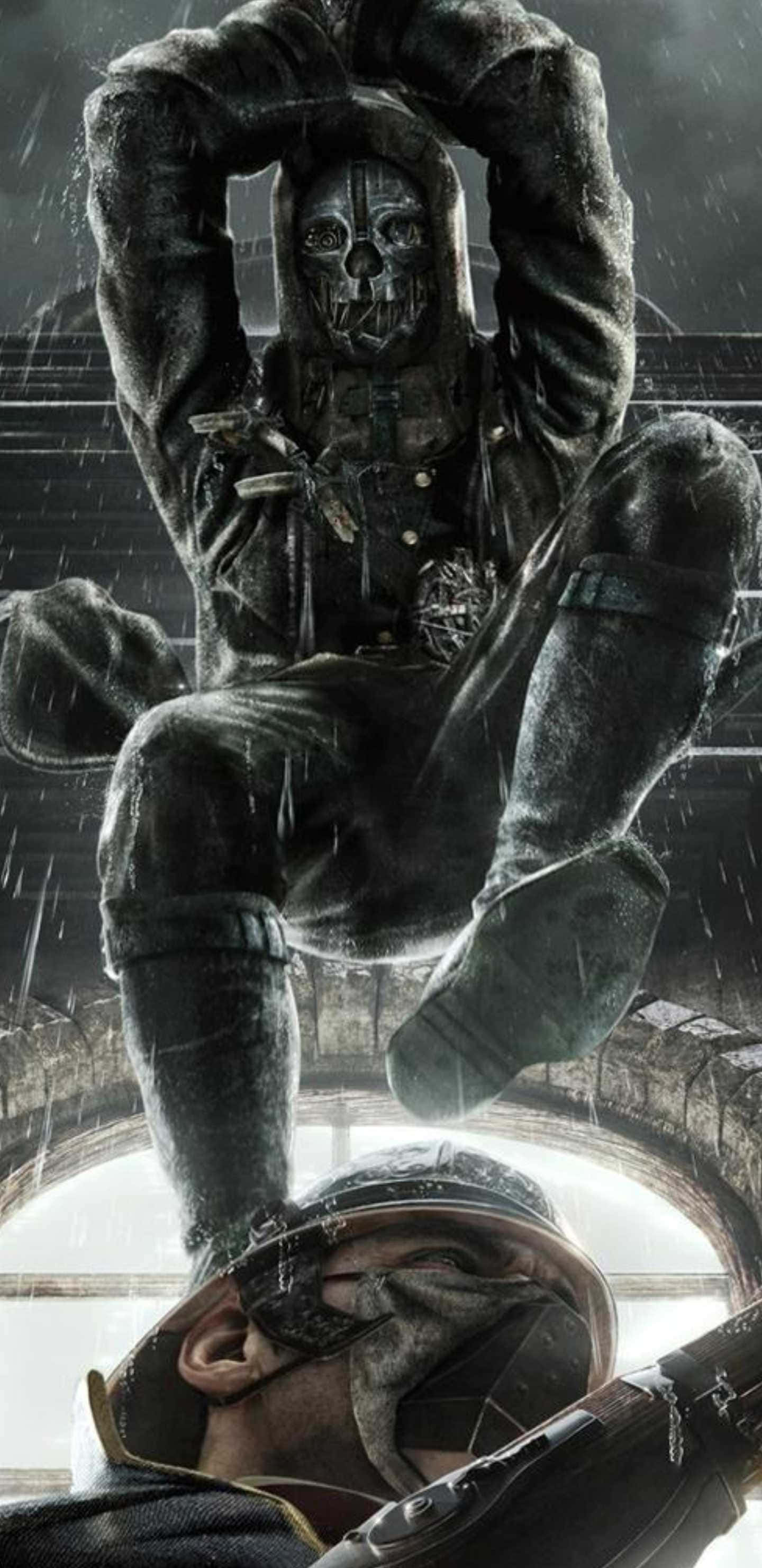 Pixel 3xl Wolfenstein Ii 桌布 壁紙 — 一個身穿連帽外套的高聳骷髏士兵，俯視著一個跪在濕透混凝土廢墟中的士兵。