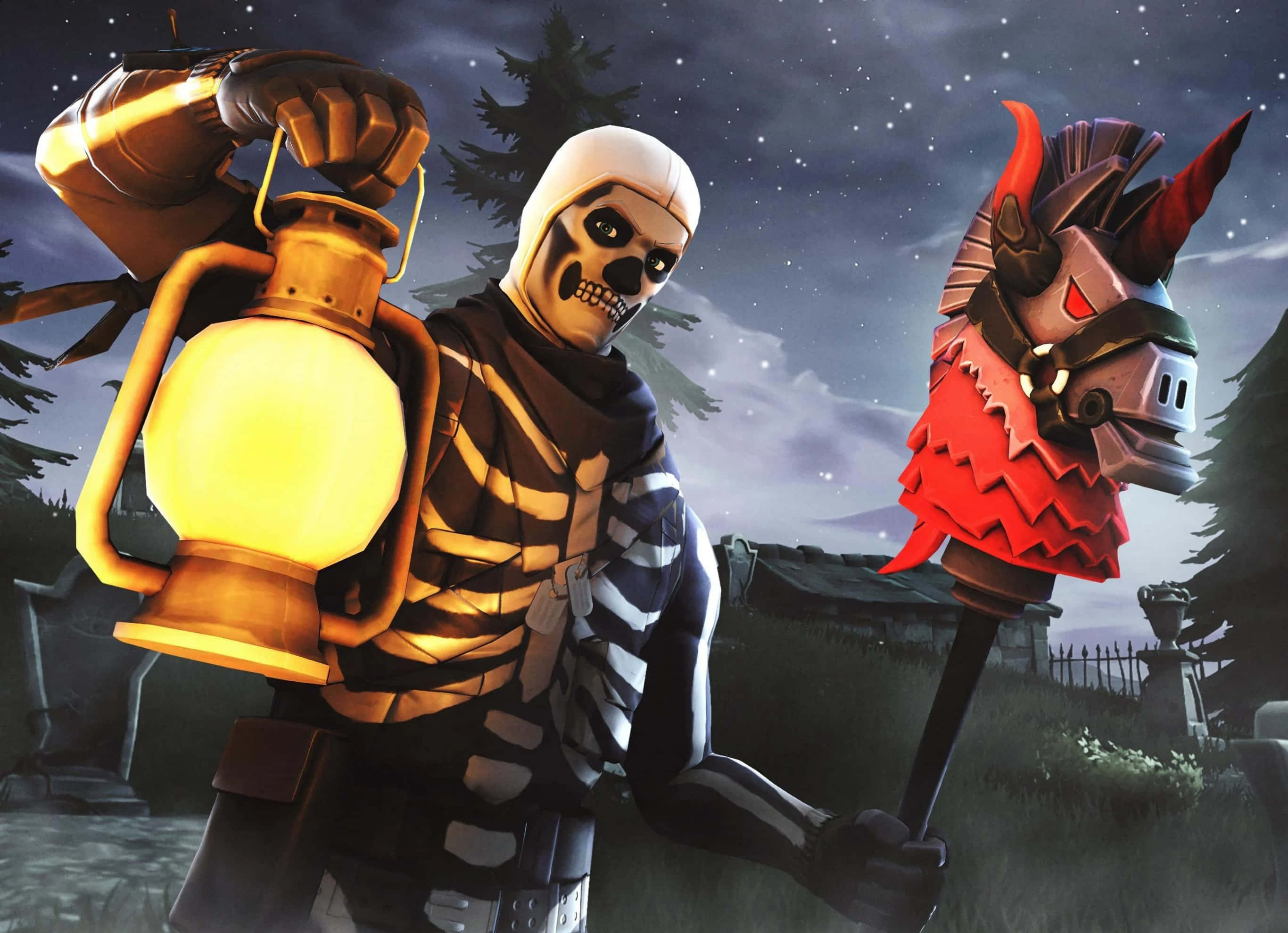 Fortnite 桌布 壁紙 — 一個身穿連帽斗篷的骷髏戰士，在星空下的墓園中手持發光燈籠和紅色角錘。