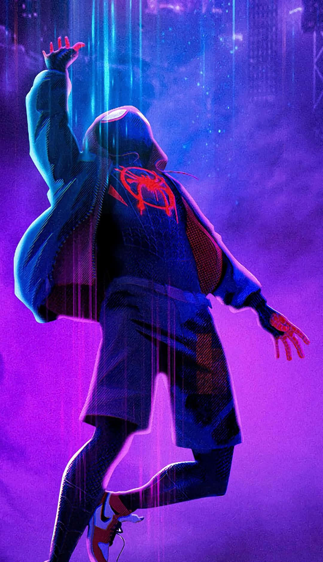 蜘蛛人穿著連帽服裝在霓虹燈照亮的未來城市中跳躍。 — 邁爾斯·莫拉雷斯 壁紙