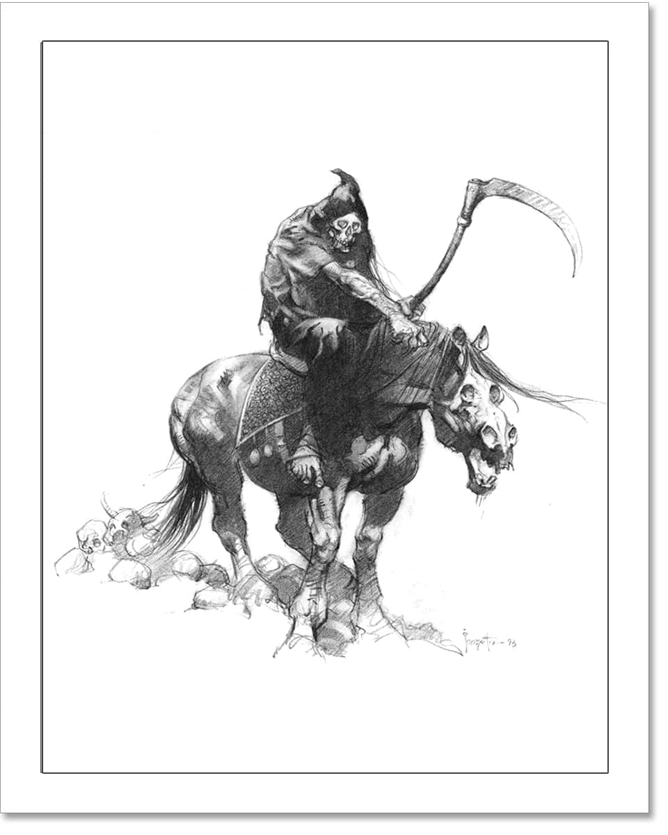 死神動圖 桌布 壁紙 — 一個身穿連帽長袍的骷髏死神騎著一匹頭骨馬，揮舞著鐮刀，馬蹄下散落著頭骨。