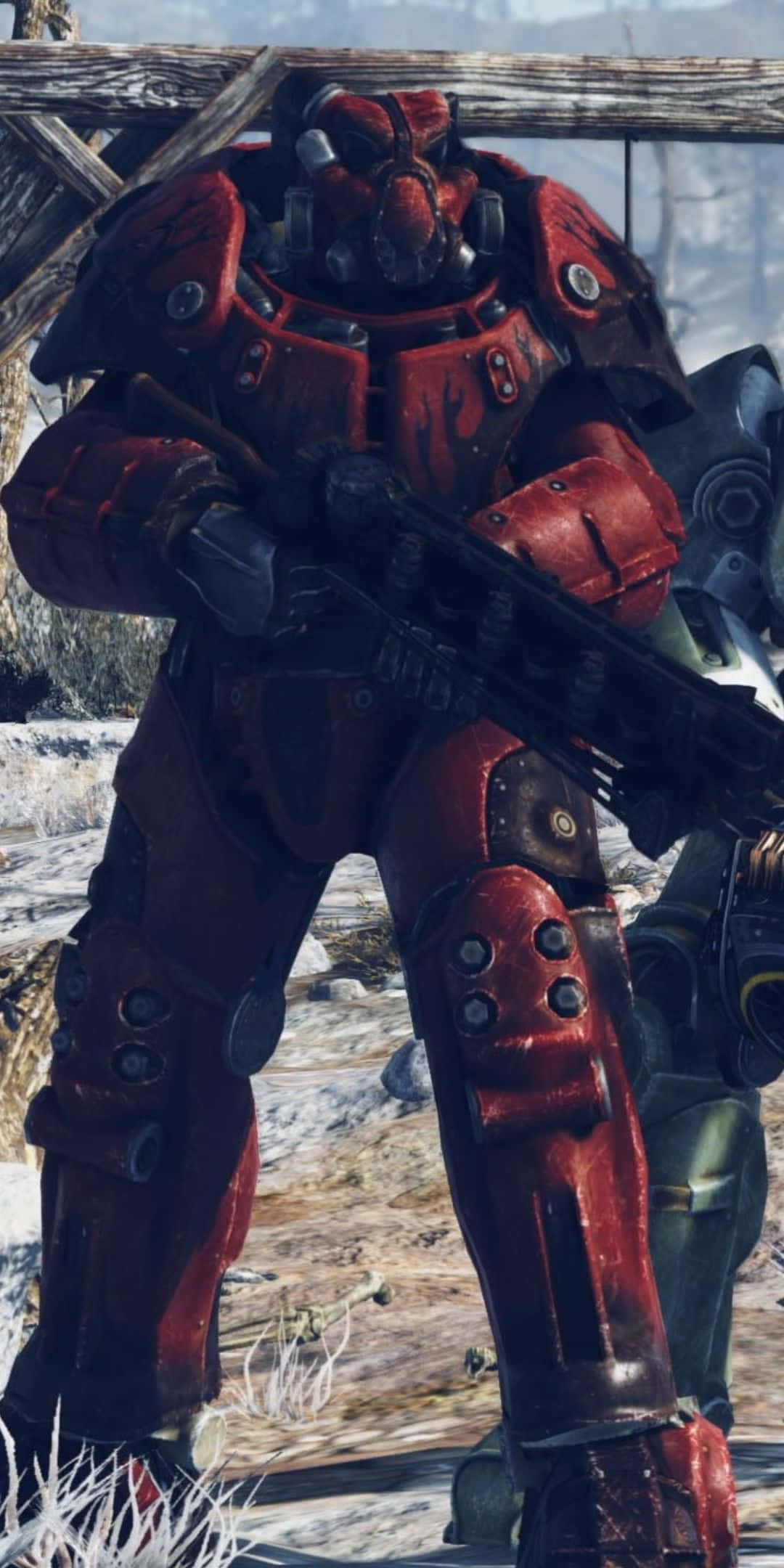 Pixel 3 Fallout 76 桌布 壁紙 — 一個身穿重型紅色動力裝甲的士兵站在雪地荒野中，手持步槍。