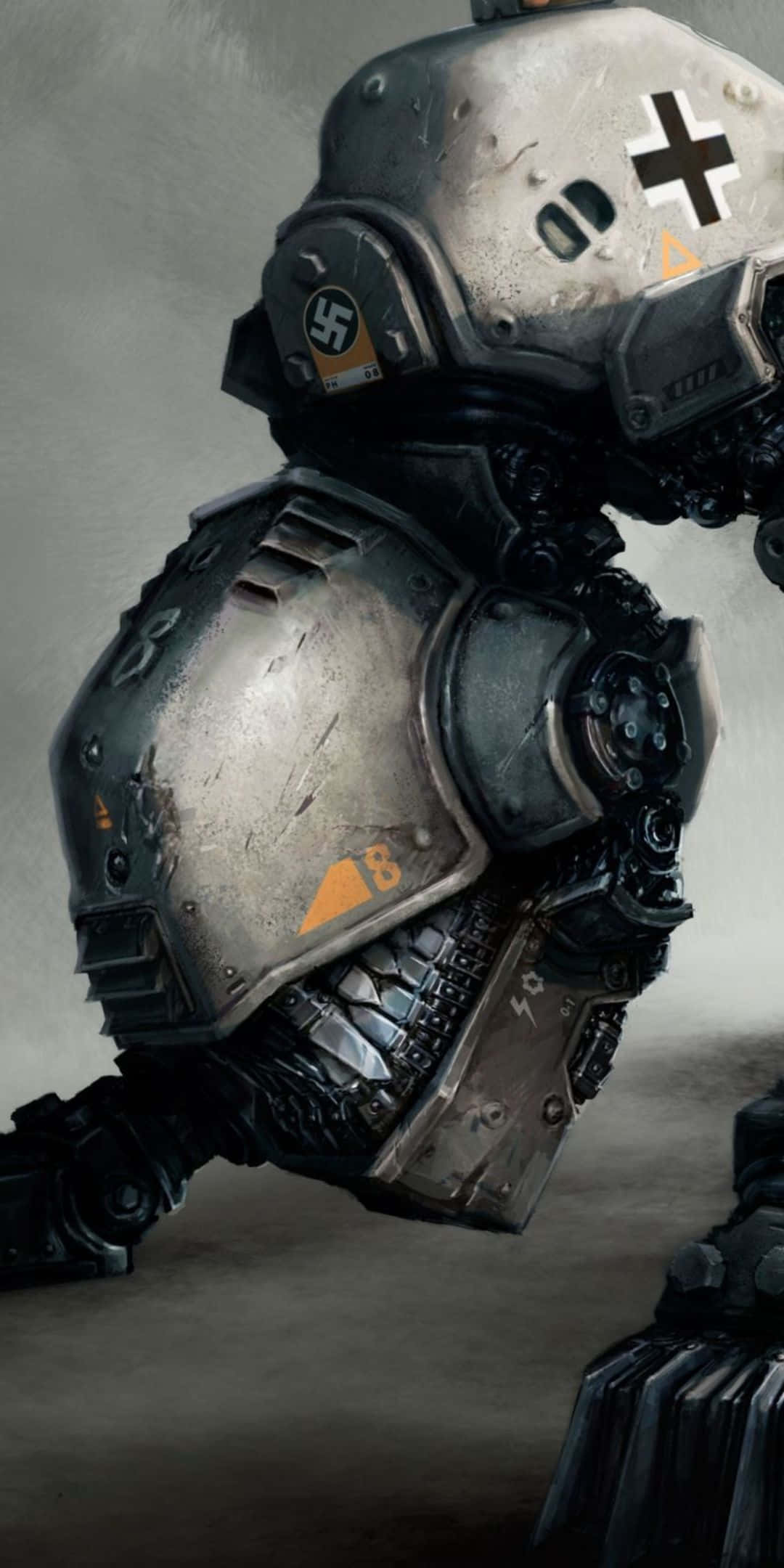 Pixel 3 Wolfenstein Ii 桌布 壁紙 — 一個身穿重型裝甲的未來士兵近距離特寫，肩上帶有卍字和十字徽章。